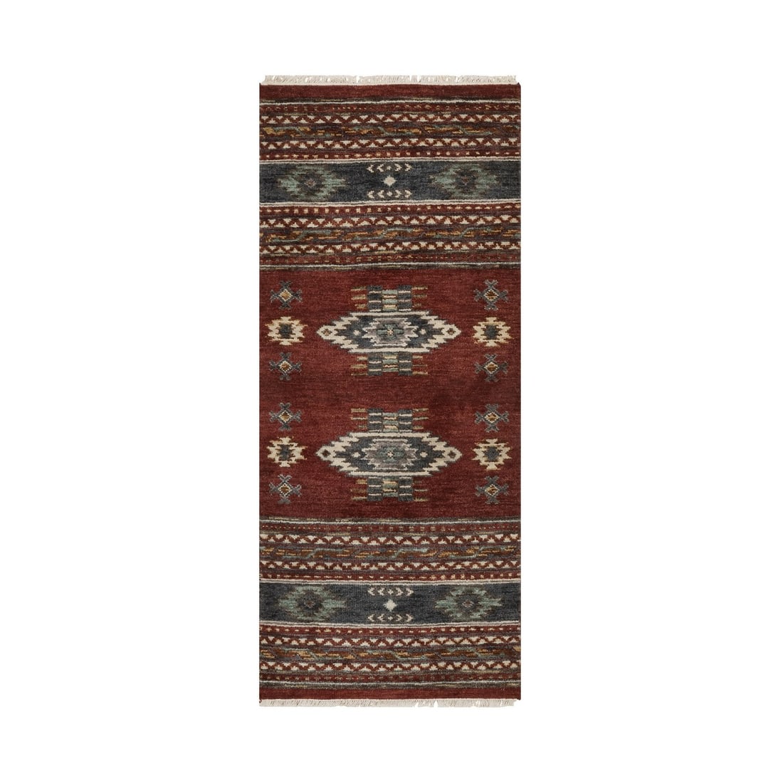 2'7"x6'2" Red Southwest Runner Rug Geometric Design Hand Knotted Pure Wool: 2'7"x6'2" Red Southwest Runner Rug Geometric Design Hand Knotted Pure Wool Hand-knotted in pure wool, this vibrant red Southwest runner rug boasts an eye-catching geometric design. Measuring 2'7" x 6'