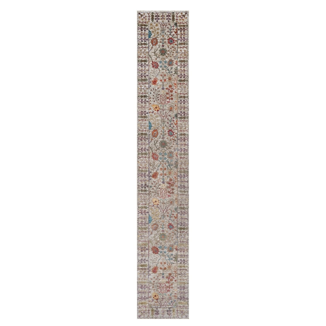 2'8"x16'2" White Vase Design Silk & Textured Wool Hand Knotted Runner Rug: 2'8"x16'2" White Vase Design Silk & Textured Wool Hand Knotted Runner Rug Hand-knotted in wool and silk, this 2'8"x16'2" ivory transitional-style runner rug boasts an elegant design with subtle textur