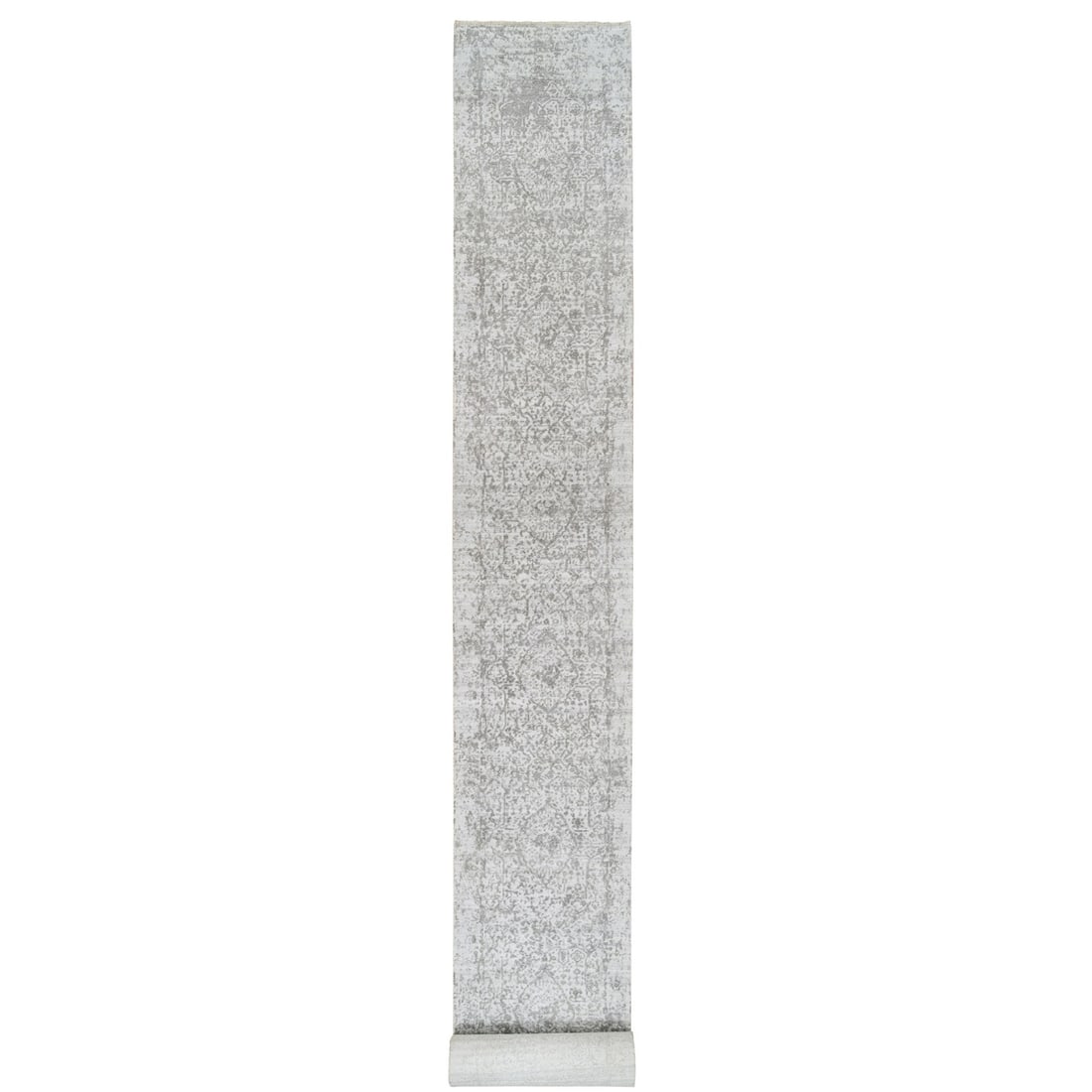 2'7"x23'9" Gray Hand Knotted Zoroastrian Design Wool/ Silk Runner Rug: 2'7"x23'9" Gray Hand Knotted Zoroastrian Design Wool/ Silk Runner Rug The Zoroastrian design wool/silk runner rug boasts an intricate gray field with subtle nuances, set against a rich ivory backgroun