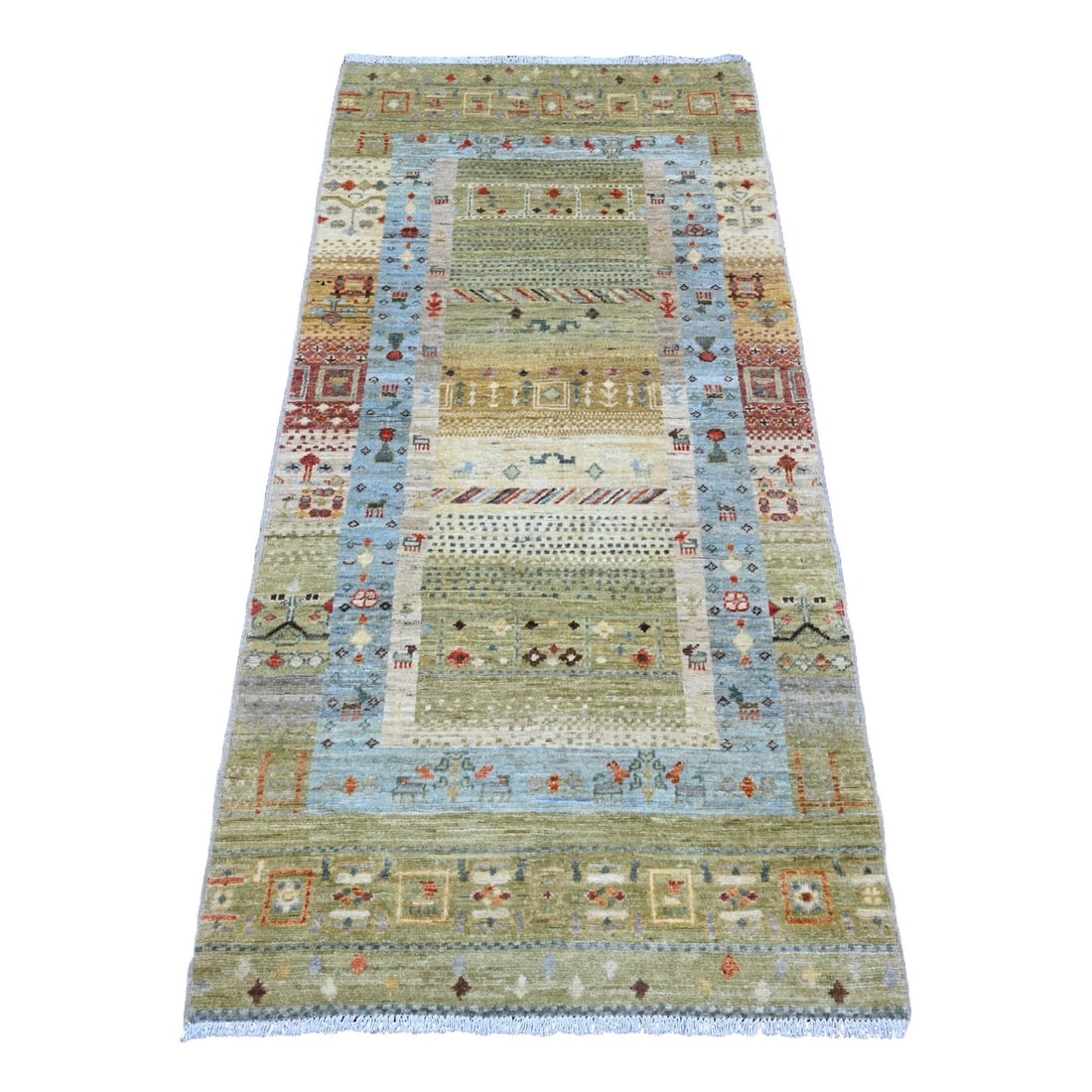 2'9"x5'10" Green Kashkuli Animal Figurine Hand Knotted Wool Runner Rug: 2'9"x5'10" Green Kashkuli Animal Figurine Hand Knotted Wool Runner Rug This stunning Green Kashkuli animal figurine hand knotted wool runner rug boasts a vibrant green field with intricate regional de