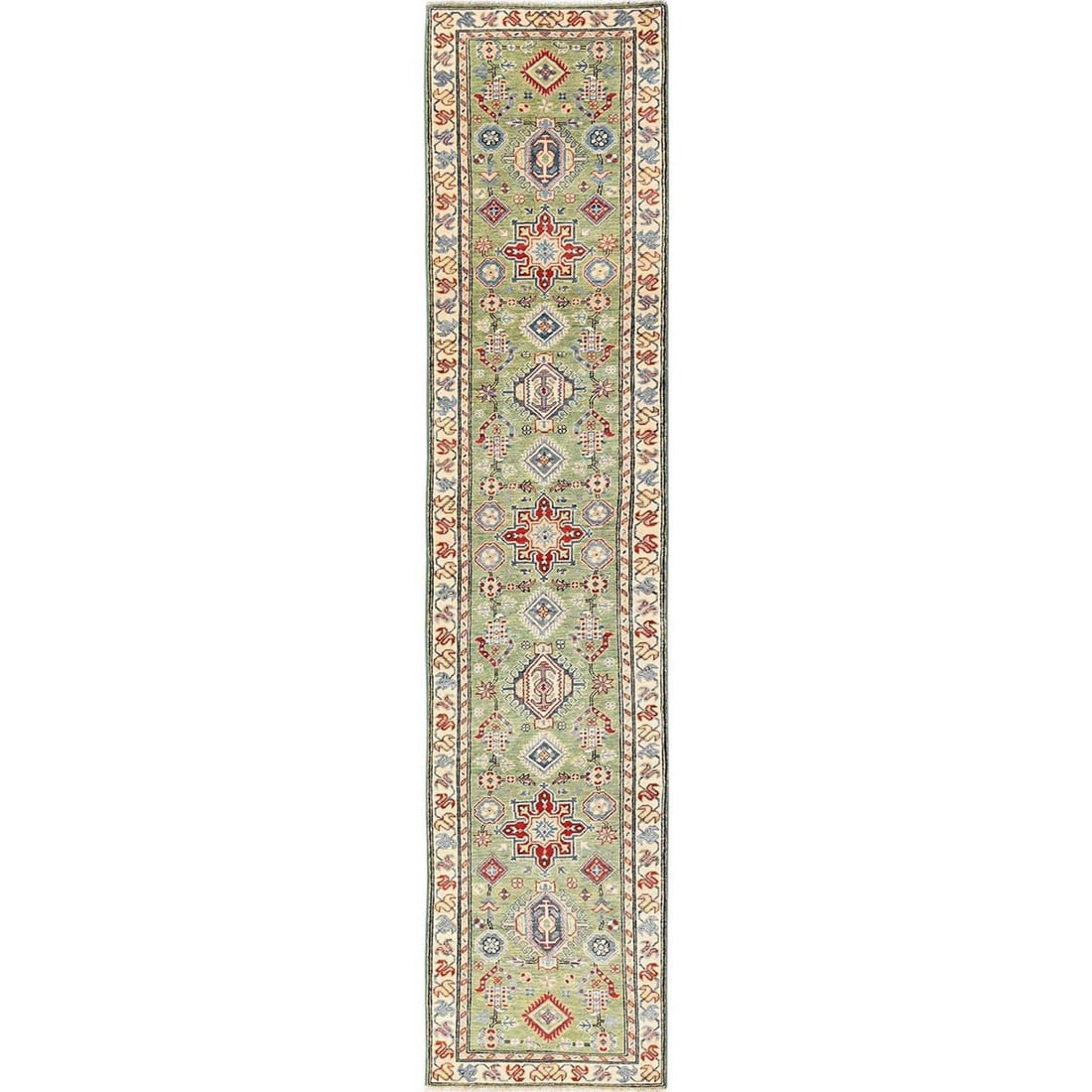 2'8"x13' Green Kazak Geometric Design Hand Knotted Rug Wool Runner (1 of 7)