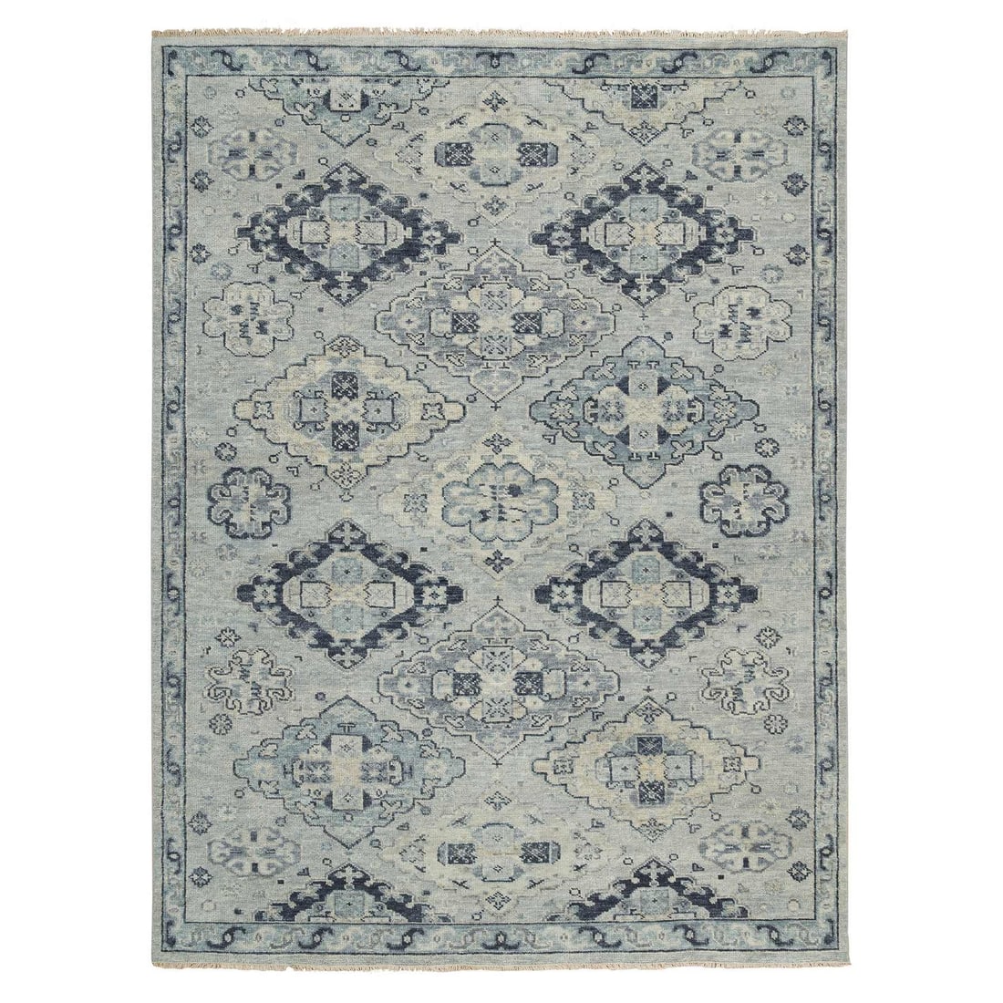 8'10"x12' Silver Gray Extra Soft Wool Hand Knotted Anatolian Design Rug: 8'10"x12' Silver Gray Extra Soft Wool Hand Knotted Anatolian Design Rug Extra Soft Wool Anatolian Design Rug. This hand-knotted, rectangular field rug features an intricate Anatolian design in silver 