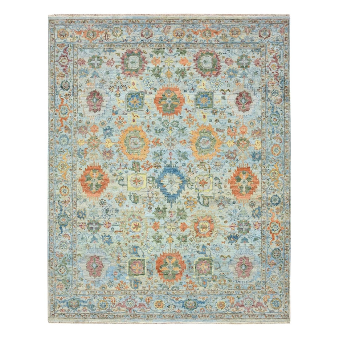 8'x10' Beau Blue Sultanabad Reimagined Hand Knotted Pure Wool: 8'x10' Beau Blue Sultanabad Reimagined Hand Knotted Pure Wool The Beau Blue Sultanabad Reimagined Hand Knotted Pure Wool rug boasts an all-over regional design in a stunning blue field, complemented b