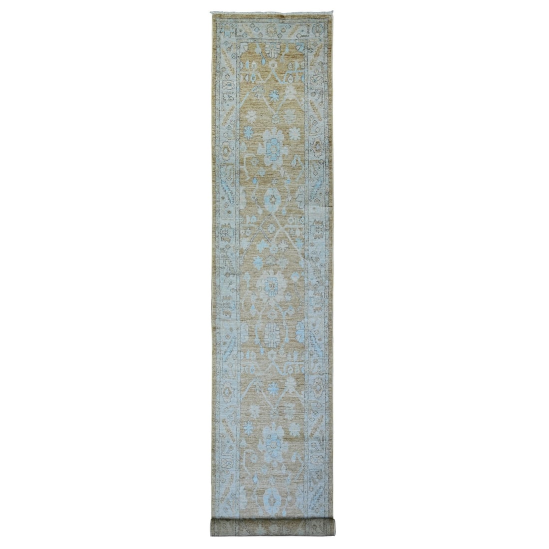 2'7"x15' Tan Color Wool Hand Knotted Afghan Angora Oushak Runner Rug: 2'7"x15' Tan Color Wool Hand Knotted Afghan Angora Oushak Runner Rug Tan color wool hand knotted Afghan Angora Oushak runner rug with a rich brown field and gray border, measuring 2'7" x 15', features