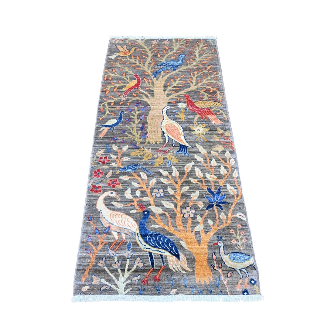 2'8"x5'8" Gray Peshawar Birds Design Hand Knotted Soft Wool Runner Rug: 2'8"x5'8" Gray Peshawar Birds Design Hand Knotted Soft Wool Runner Rug Soft and elegant, this 2'8"x5'8" Gray Peshawar Birds Design Hand Knotted Soft Wool Runner Rug boasts a timeless Oriental regional