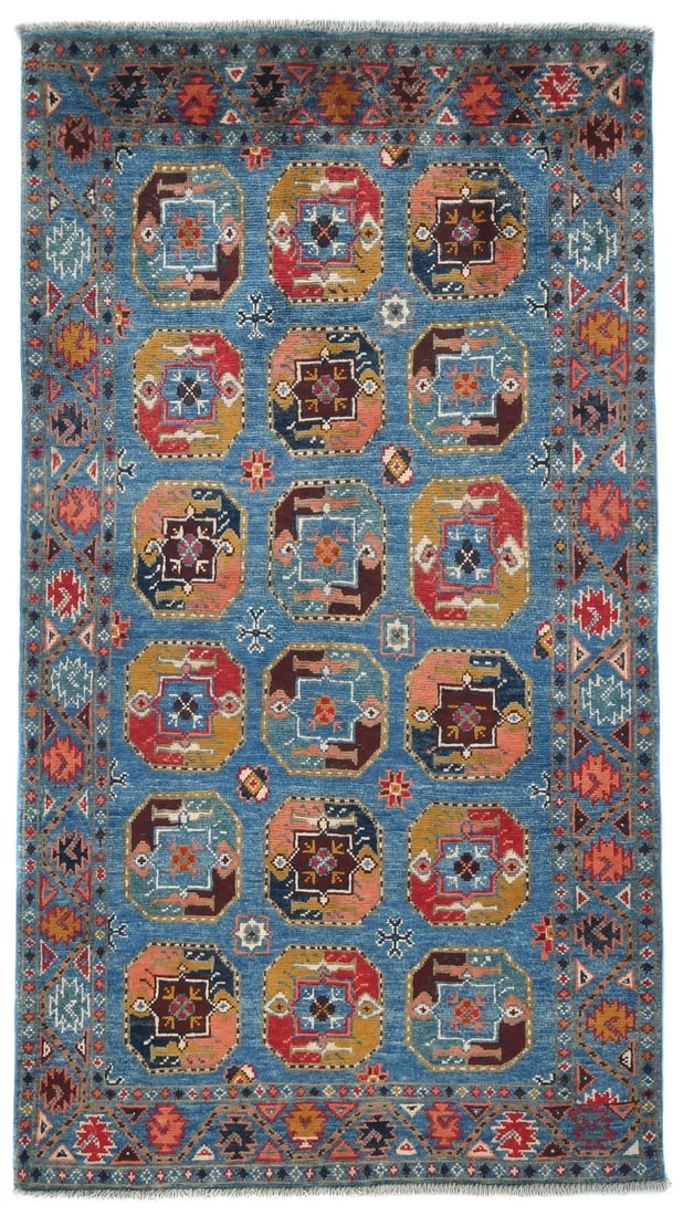 Handmade Blue Kazak Geometric Modern Design Oriental Carpet Pakistan Rug 3X5 Ft Hand-Knotted: Handmade Blue Kazak Geometric Modern Design Oriental Carpet Pakistan Rug 3X5 Ft Hand-Knotted Hand-knotted in wool, this stunning 3x5 ft blue Kazak geometric modern design Oriental carpet from Pakistan