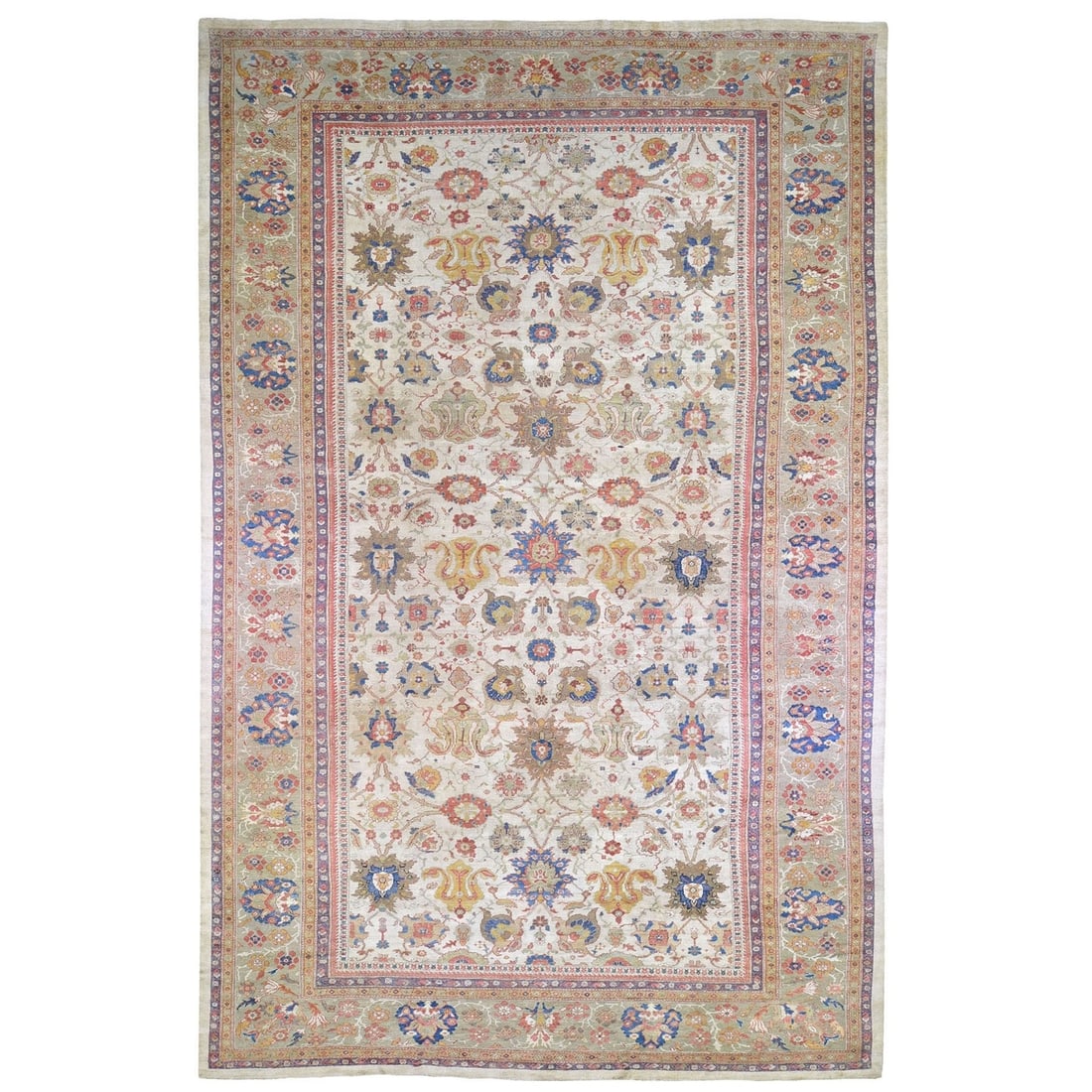 12'x21' Ivory Zoroastrian Sultanabad Good Cond XL Wool Hand Knotted Rug: 12'x21' Ivory Zoroastrian Sultanabad Good Cond XL Wool Hand Knotted Rug This stunning 12'x21' Ivory Zoroastrian Sultanabad Good Cond XL Wool Hand Knotted Rug boasts an impressive rectangular field wit