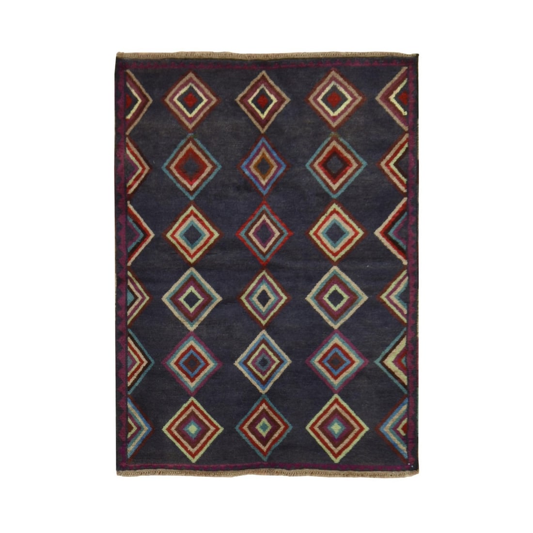 4'2"x5'7" Graphite Blue Afghan Balooch Geometric Design Hand Knotted Wool: 4'2"x5'7" Graphite Blue Afghan Balooch Geometric Design Hand Knotted Wool Graphite blue Afghan Balooch Geometric Design Hand Knotted Wool rug boasts an all-over tribal pattern in a striking blue hue, 