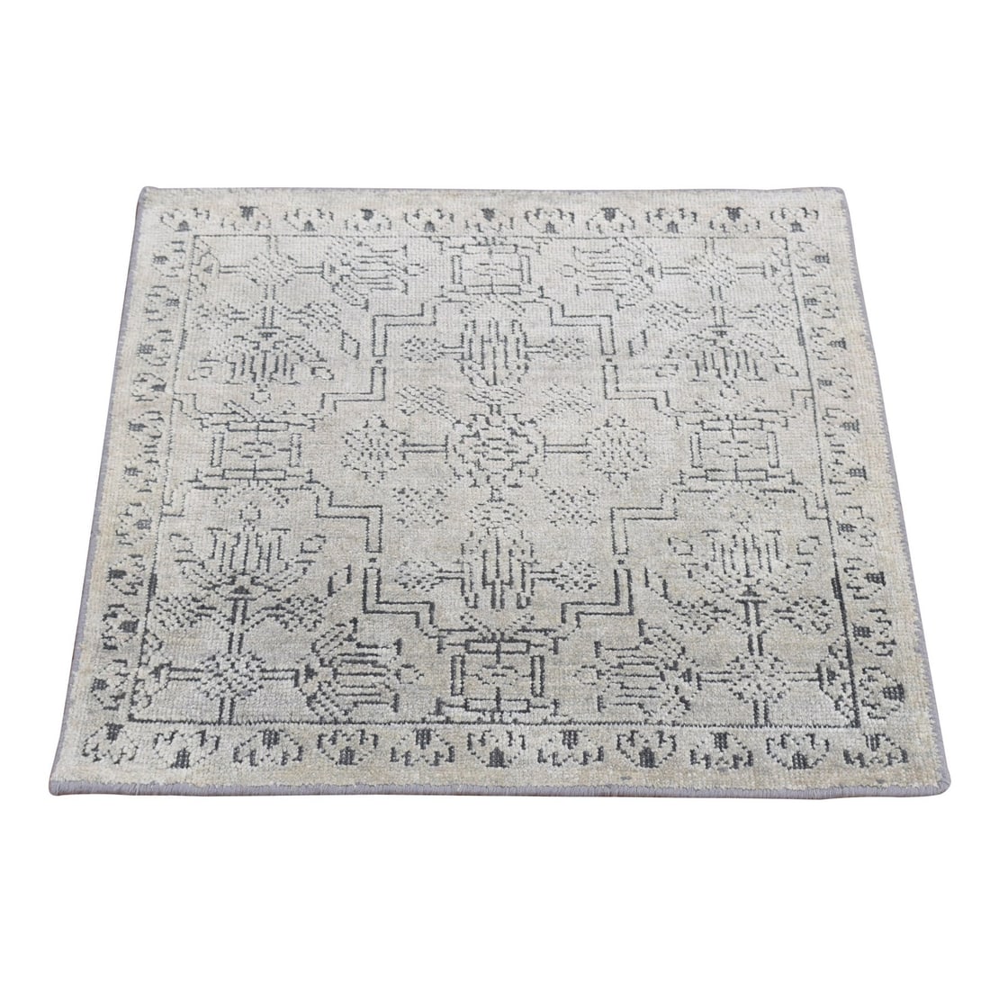 2'x2'1" Gray Mughal Design Silk with Wool Hand Knotted Square Sample Rug: 2'x2'1" Gray Mughal Design Silk with Wool Hand Knotted Square Sample Rug The Mughal Design Silk with Wool Hand Knotted Square Sample Rug boasts a stunning grey color and intricate design, showcasing t
