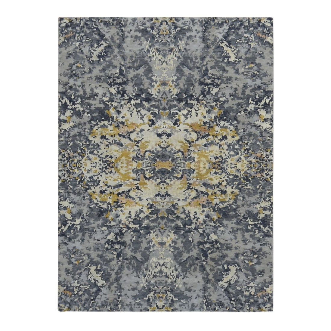 8'x10'2" Blue Abstract Design Wool and Silk Hand Knotted Rug: 8'x10'2" Blue Abstract Design Wool and Silk Hand Knotted Rug Blue Abstract Design Wool and Silk Hand Knotted Rug, measuring 8'0" x 10'2" in a vibrant blue field with intricate hand-knotted wool and si