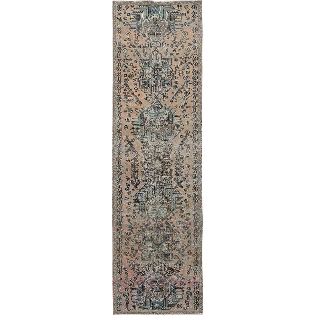2'9"x10'7" Brown Vintage Zoroastrian Karajihuz Hand Knotted Wool Runner Rug: 2'9"x10'7" Brown Vintage Zoroastrian Karajihuz Hand Knotted Wool Runner Rug Hand-knotted in wool, this 2'9"x10'7" brown Zoroastrian Karajihuz runner rug boasts a unique geometric pattern and rich, ear