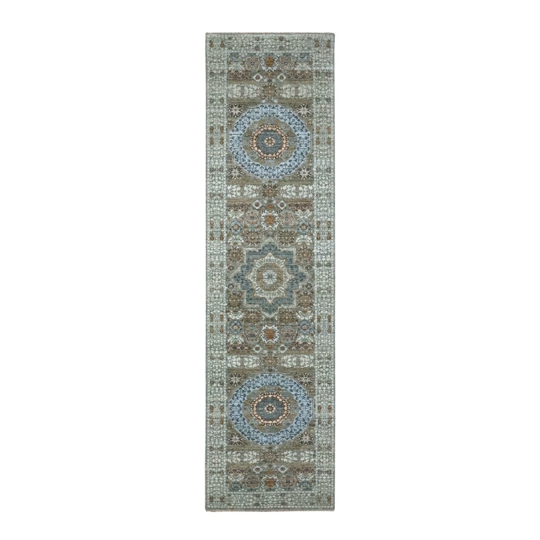 2'8"x10'4" Green Hand Knotted Wool Rug Pre Historic Mamluk Design Runner: 2'8"x10'4" Green Hand Knotted Wool Rug Pre Historic Mamluk Design Runner Hand-knotted wool rug with intricate Mamluk design, measuring 2'8" x 10'4". This pre-historic green runner features a medallion