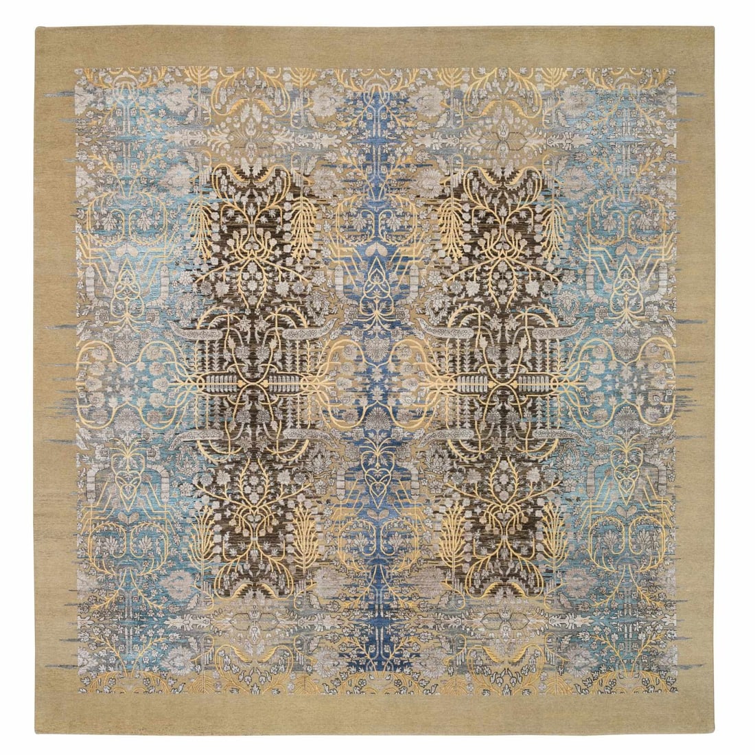 12'2"x12'2" Gold Brown Silk With Wool Hand Knotted Saroogh Square Rug: 12'2"x12'2" Gold Brown Silk With Wool Hand Knotted Saroogh Square Rug The Gold Brown Silk with Wool Hand Knotted Saroogh Square Rug boasts an impressive size and intricate craftsmanship, measuring 12'