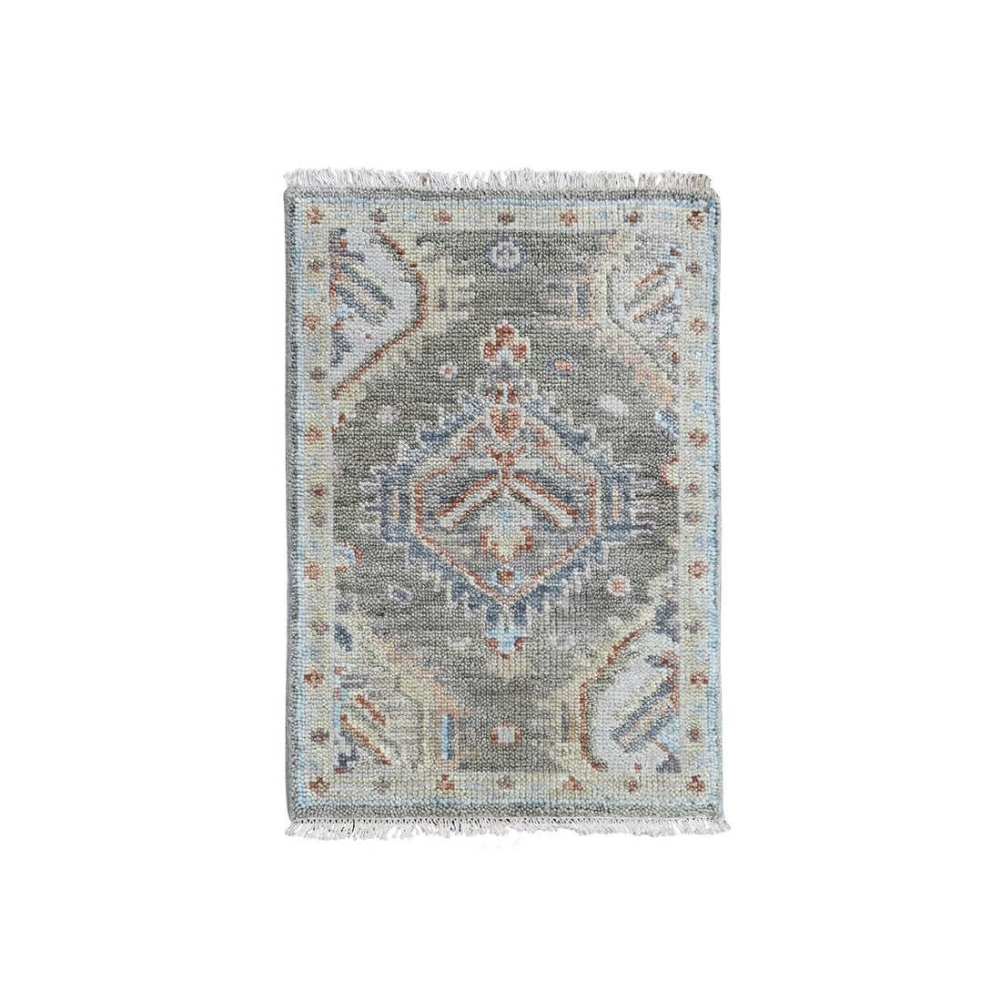 2'x3' Sage Green Supple Collection Oushak Design Hand Knotted Wool Mat Rug: 2'x3' Sage Green Supple Collection Oushak Design Hand Knotted Wool Mat Rug Sage green and rust yellow hues blend in a geometric pattern, adding visual interest to any room. This hand-knotted wool mat 