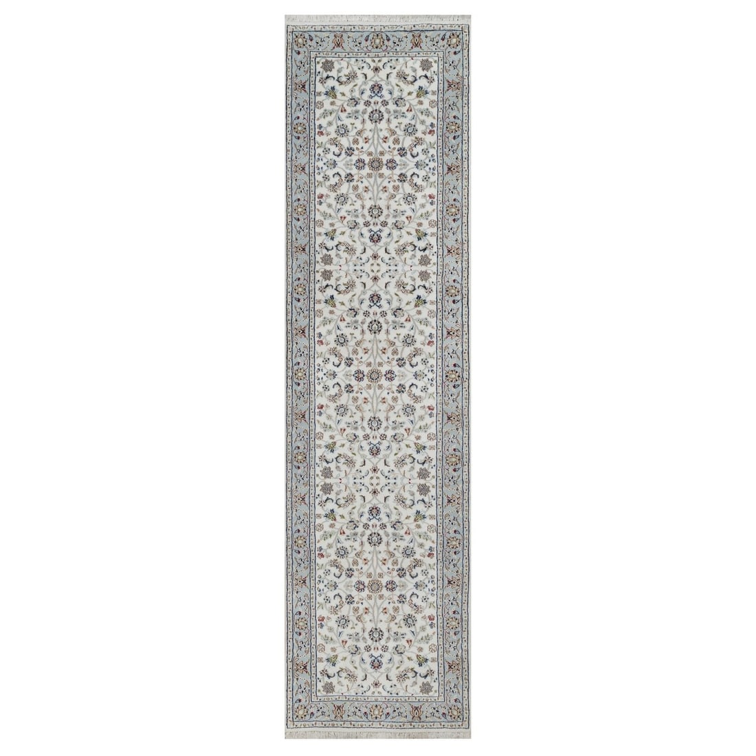 2'8"x10'3" Ivory Nain All Over Design Wool & Silk Hand Knotted Runner Rug: 2'8"x10'3" Ivory Nain All Over Design Wool & Silk Hand Knotted Runner Rug This stunning ivory Nain all-over design wool & silk hand-knotted runner rug boasts an intricate, regional Oriental pattern on