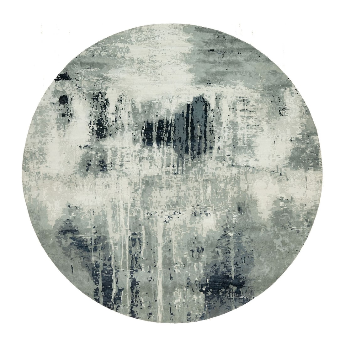 12'x12' Obsidian Black Hand Knotted Abstract Wool and Silk Round Rug: 12'x12' Obsidian Black Hand Knotted Abstract Wool and Silk Round Rug The 12'x12' Obsidian Black Hand Knotted Abstract Wool and Silk Round Rug boasts a striking modern design, featuring an all-black fi