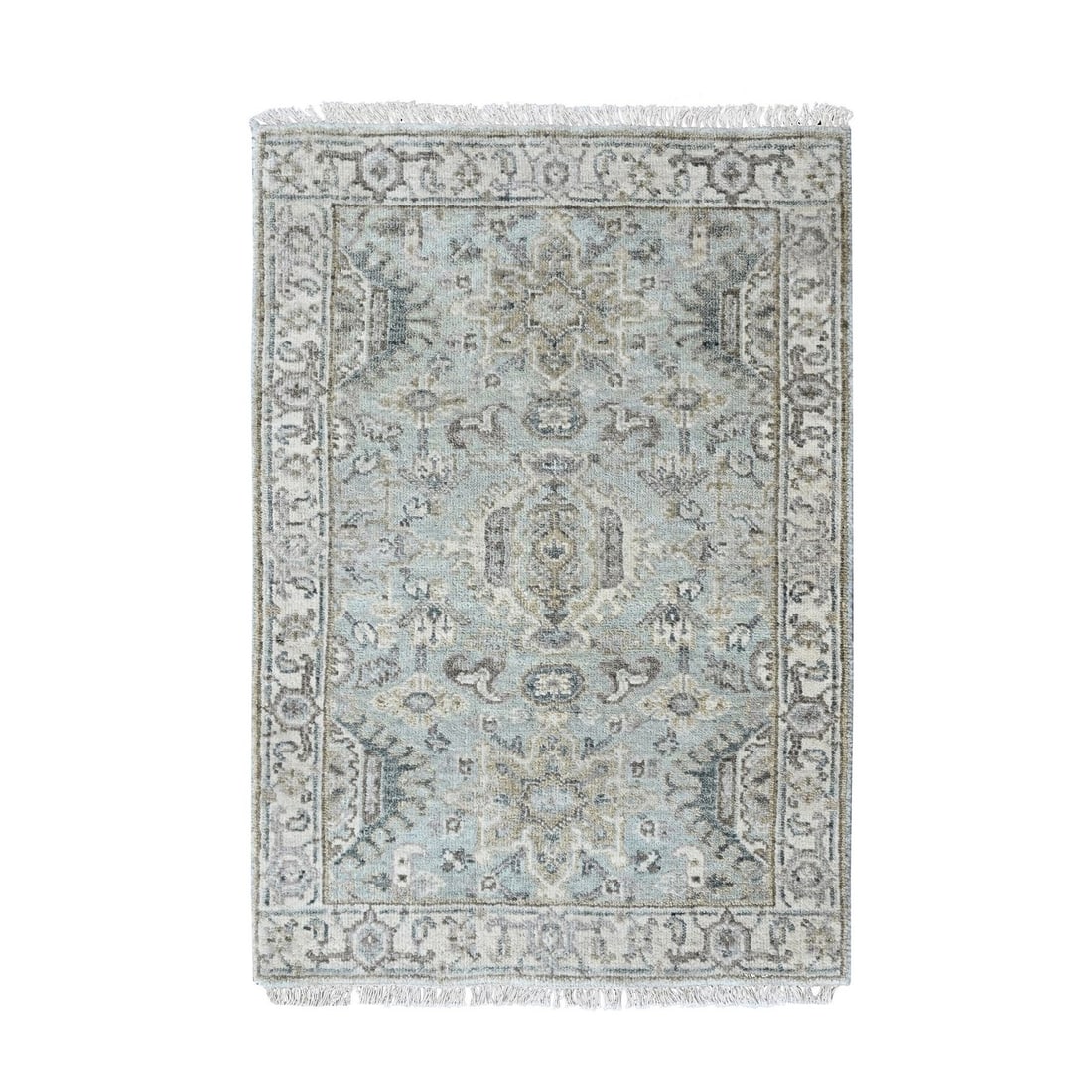 Hand Knotted Mat Rug 2'x3' Gray Pure Wool Karjihooz with Medallions Design: Hand Knotted Mat Rug 2'x3' Gray Pure Wool Karjihooz with Medallions Design The Karjihooz hand-knotted mat rug boasts an all-over medallions design in rich gray and subtle brown tones, adding depth to 