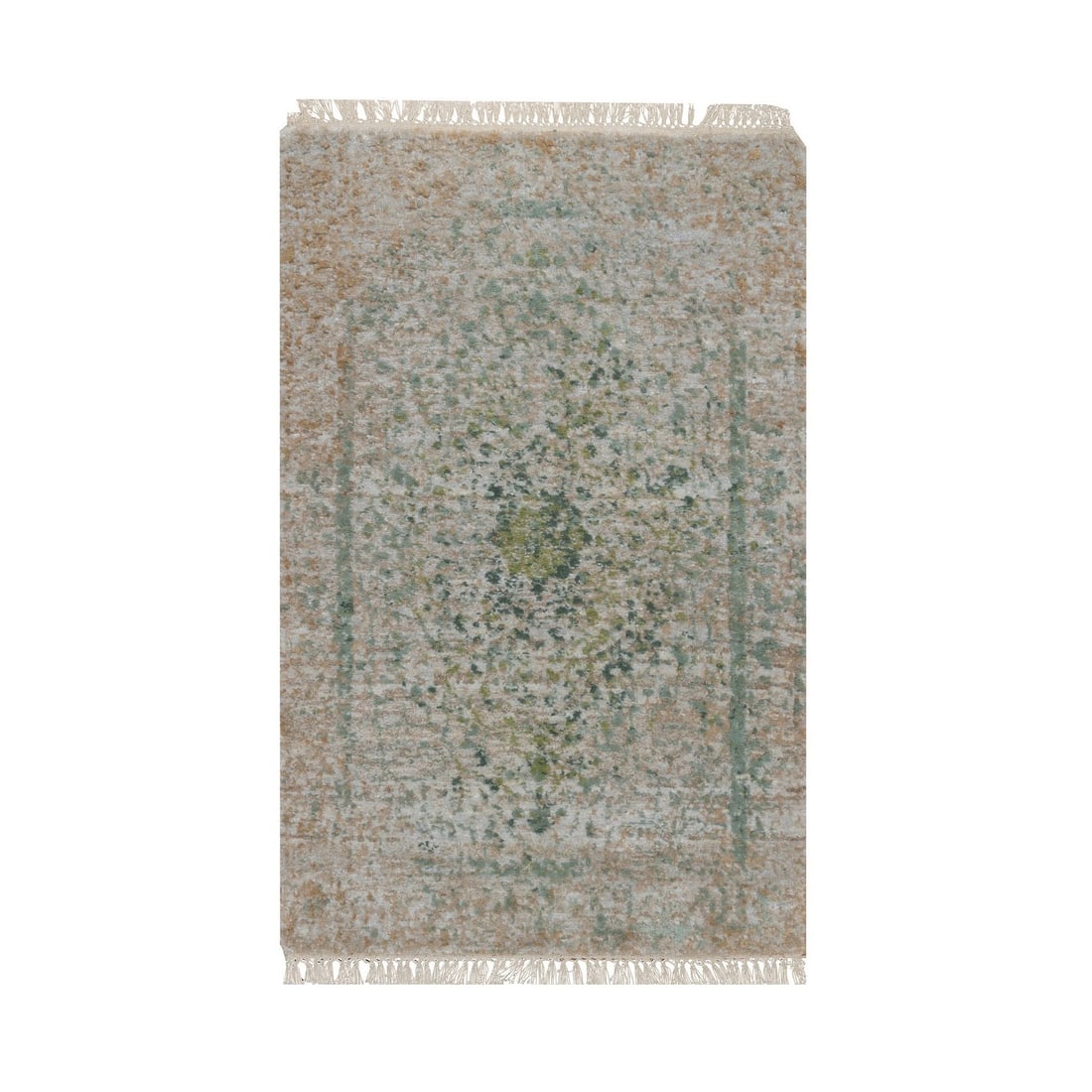 2'x3' Silver-Green Hand Knotted Erased Medallion Design Wool & Silk Mat: 2'x3' Silver-Green Hand Knotted Erased Medallion Design Wool & Silk Mat This stunning 2'x3' hand-knotted wool and silk medallion design rug boasts an exquisite silver-green hue, adding a touch of eleg