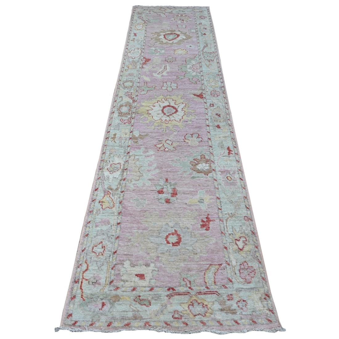 2'10"x11'6" Dust Storm Pink Angora Oushak Runner Oriental Rug: 2'10"x11'6" Dust Storm Pink Angora Oushak Runner Oriental Rug Dust Storm Pink Angora Oushak Runner Oriental Rug features a stunning field of pink wool, hand-knotted in the traditional Afghan style. Me