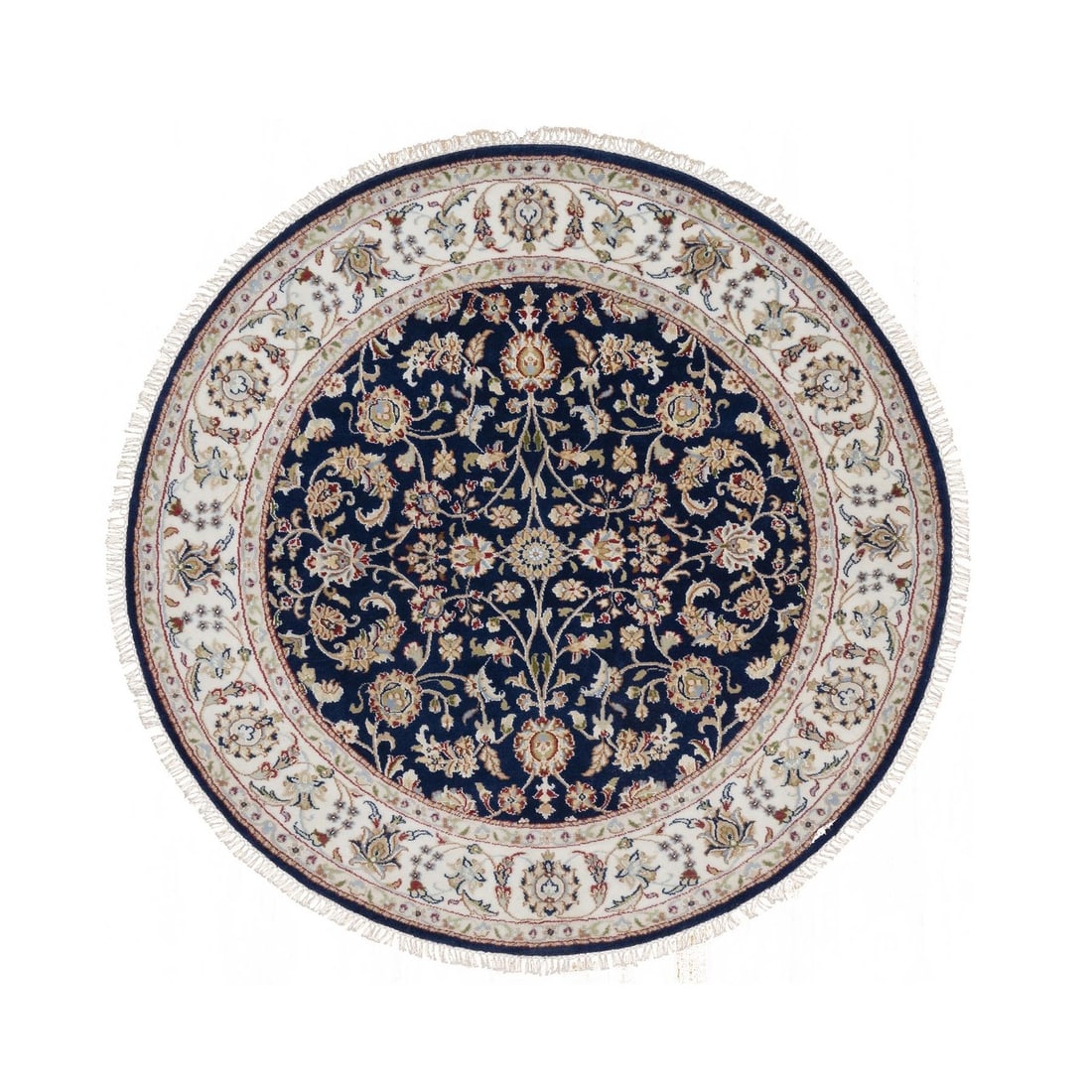 5'1"x5'1" Navy Nain Floral Pattern Wool and Silk Hand Knotted Round Rug: 5'1"x5'1" Navy Nain Floral Pattern Wool and Silk Hand Knotted Round Rug Navy blue wool and silk hand-knotted round rug with a classic nain floral pattern, measuring 5'1" in both length and width. This