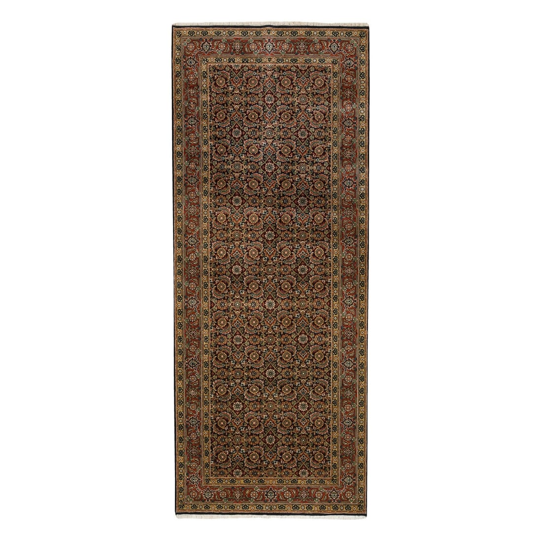 4'x10'1" Blue Herati WoolSilk 175 KPSI Hand Knotted Gallery Runner Rug: 4'x10'1" Blue Herati WoolSilk 175 KPSI Hand Knotted Gallery Runner Rug This stunning Blue Herati WoolSilk hand-knotted gallery runner rug boasts a rich, vibrant blue field color and intricate border d