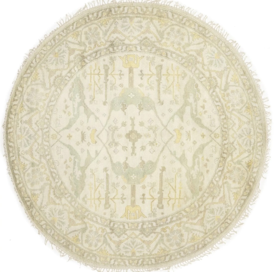8X8 Handmade Cream Oushak Round Oriental Rug Floral Design Carpet Home Decor Hand-Knotted: 8X8 Handmade Cream Oushak Round Oriental Rug Floral Design Carpet Home Decor Hand-Knotted Made with hand-knotted wool and cotton, this 8'1 x 8'1 round Oushak rug boasts a stunning floral design in mut