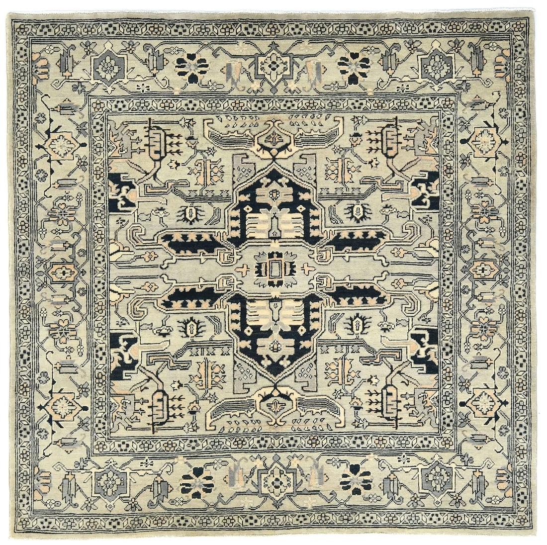 Hand-Knotted Heriz Serapi Square Rug 6X6 Geometric Oriental Farmhouse Carpet Hand-Knotted: Hand-Knotted Heriz Serapi Square Rug 6X6 Geometric Oriental Farmhouse Carpet Hand-Knotted Hand-knotted in traditional techniques, this 6'0 x 5'11 Geometric Square Rug boasts a unique blend of modern s