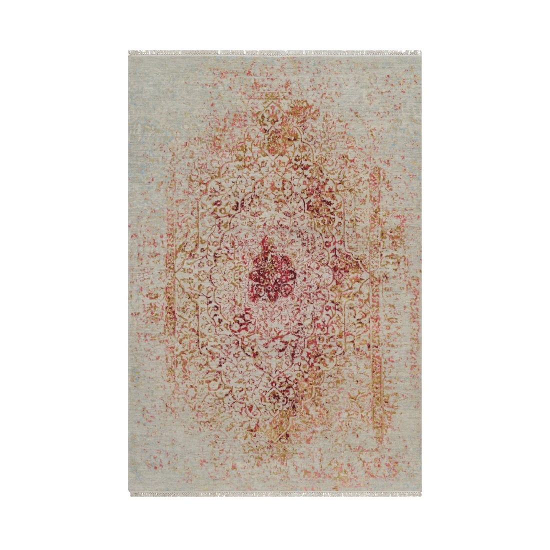 6'1"x9'1" Ivory Hand Knotted Rug Erased Medallion Design Wool and Silk: 6'1"x9'1" Ivory Hand Knotted Rug Erased Medallion Design Wool and Silk 6'1"x9'1" Ivory Hand Knotted Wool and Silk Erased Medallion Design Rug. This stunning, hand-knotted wool and silk rug boasts an i