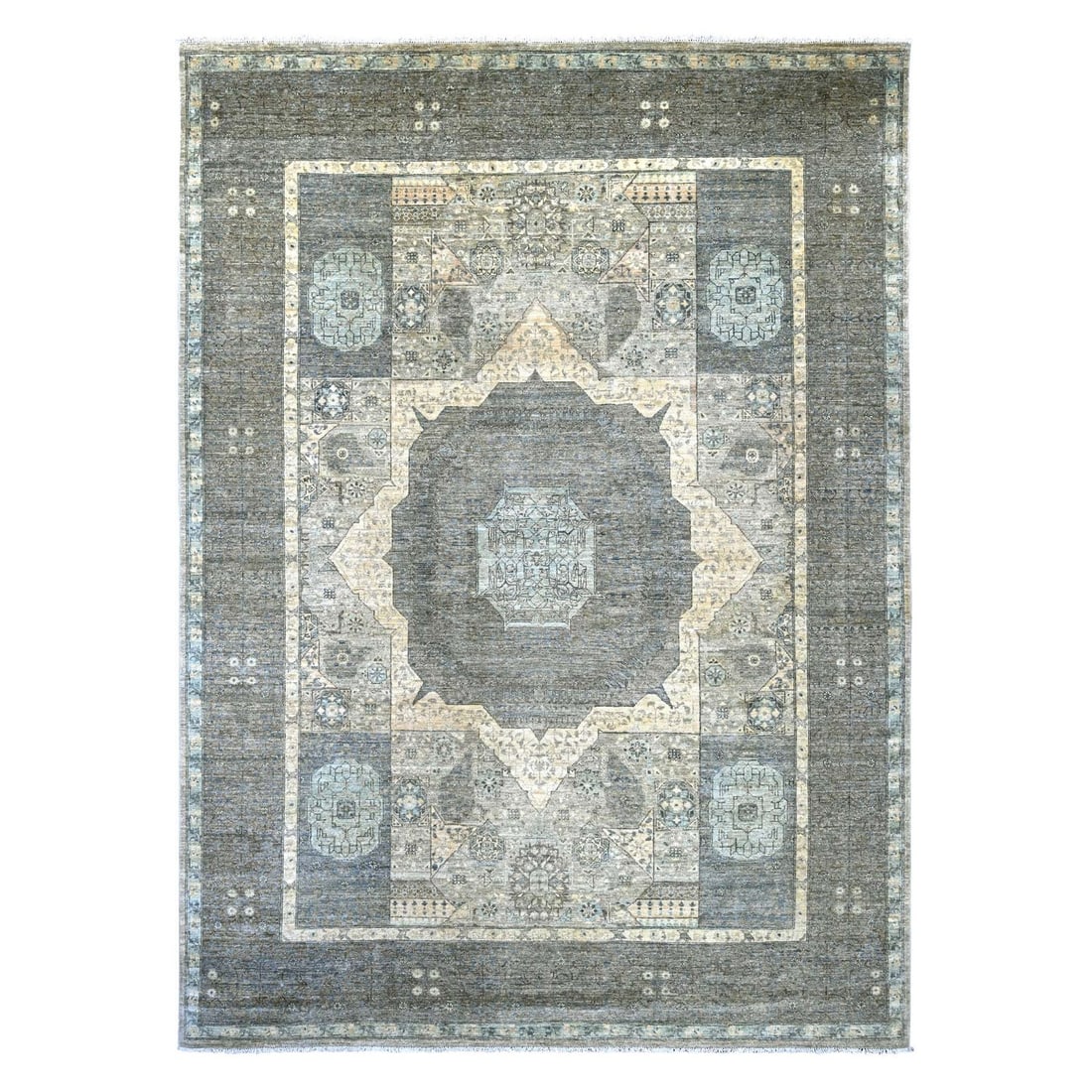 9'x12'3" Ivory Hand Knotted 14th Century Mamluk Dynasty Pattern Wool Rug: 9'x12'3" Ivory Hand Knotted 14th Century Mamluk Dynasty Pattern Wool Rug 9'x12'3" Ivory Hand Knotted Wool Rug from the 14th Century Mamluk Dynasty boasts a stunning medallion pattern, characteristic o