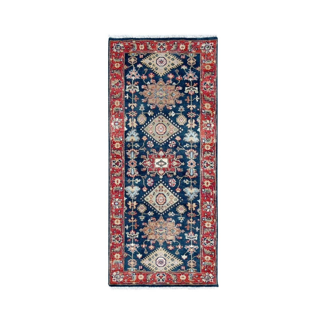 2'7"x6' Yale Blue Karjihooz Geometric Design Hand Knotted Wool Runner Rug: 2'7"x6' Yale Blue Karjihooz Geometric Design Hand Knotted Wool Runner Rug The Karjihooz Geometric Design Hand Knotted Wool Runner Rug boasts a striking blue hue and intricate geometric pattern, adding