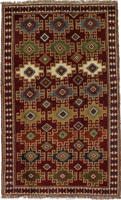 Geometric Design Farmhouse Area Rug Wool Oriental Home Decor Carpet 4X6'5 Ft Hand-Knotted: Geometric Design Farmhouse Area Rug Wool Oriental Home Decor Carpet 4X6'5 Ft Hand-Knotted Hand-knotted wool geometric design rug in a vibrant color palette, featuring a modern tribal pattern and mediu