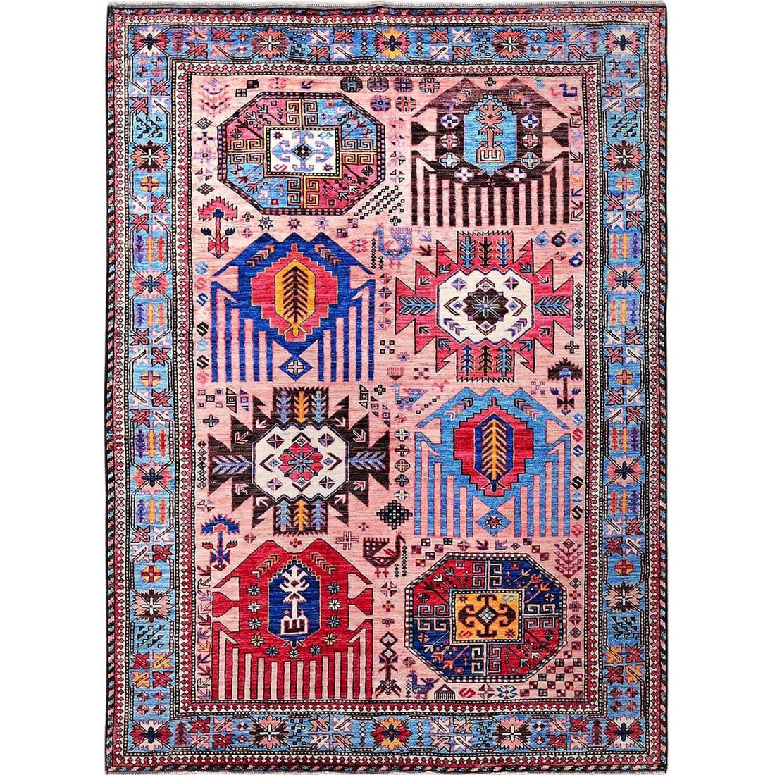 6'x8'2" Pink Afghan Caucasian Design Revival Soft Wool Hand Knotted Rug: 6'x8'2" Pink Afghan Caucasian Design Revival Soft Wool Hand Knotted Rug Softly glowing pink hues dominate the rectangular field of this hand-knotted wool rug, set against a subtle geometric pattern re