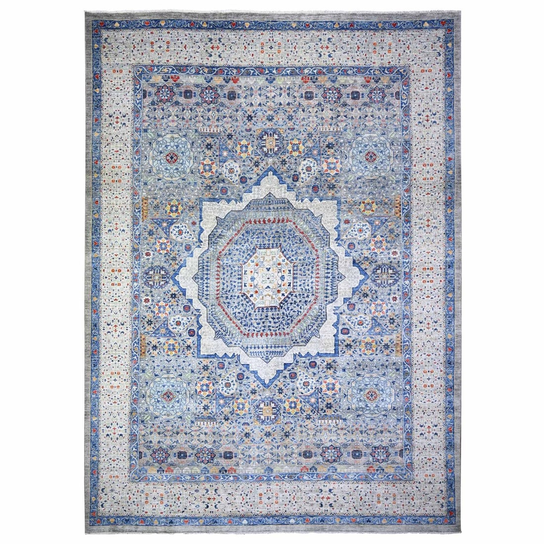 11'9"x16'1" Gray Mamluk Design Extra Soft Wool Hand Knotted Oversized Rug: 11'9"x16'1" Gray Mamluk Design Extra Soft Wool Hand Knotted Oversized Rug Extra Soft Wool Hand Knotted Oversized Rug. This stunning 11'9"x16'1" Gray Mamluk Design rug boasts an impressive hand-knotted