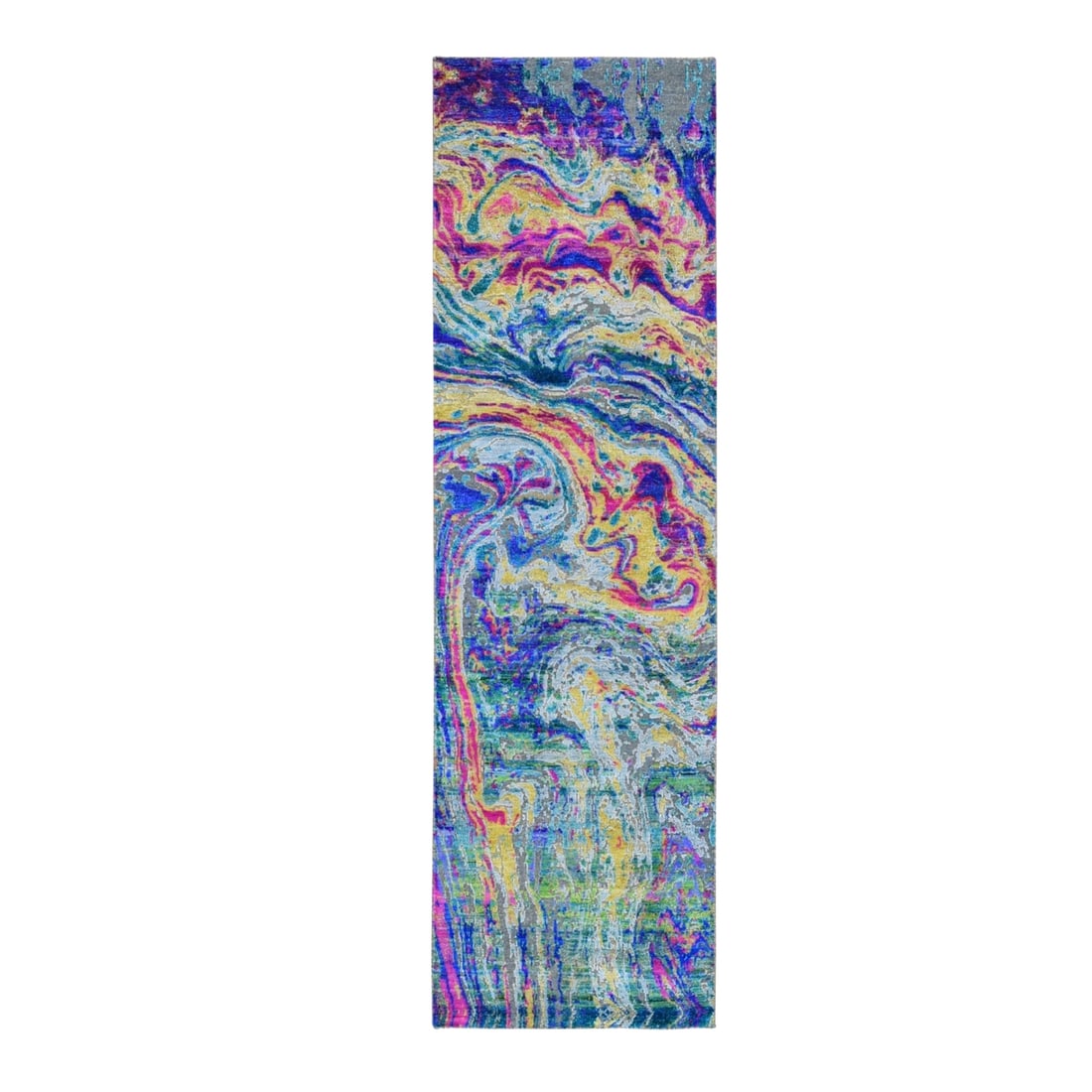 3'x10' Silk With Text Wool The Lava Design Wide Runner Hand Knotted Rug: 3'x10' Silk With Text Wool The Lava Design Wide Runner Hand Knotted Rug Silk and wool blend in vibrant yellow, creating a striking Lava design on this 3'x10' wide runner hand-knotted rug. The modern s