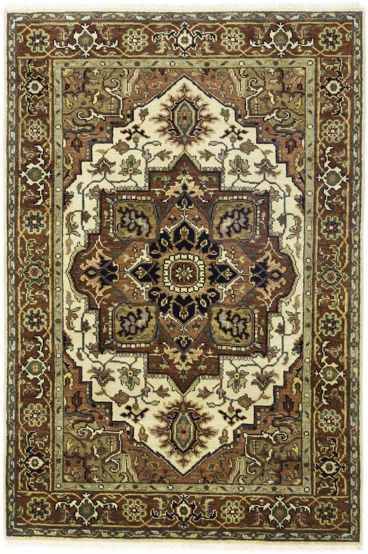 Handmade Heriz Serapi Geometric Wool Rug Tribal Oriental Decor Carpet 4X6 Ft Hand-Knotted: Handmade Heriz Serapi Geometric Wool Rug Tribal Oriental Decor Carpet 4X6 Ft Hand-Knotted Hand-knotted in wool and cotton, this 4x6 ft Heriz Serapi Geometric Wool Rug boasts a unique blend of cream, r