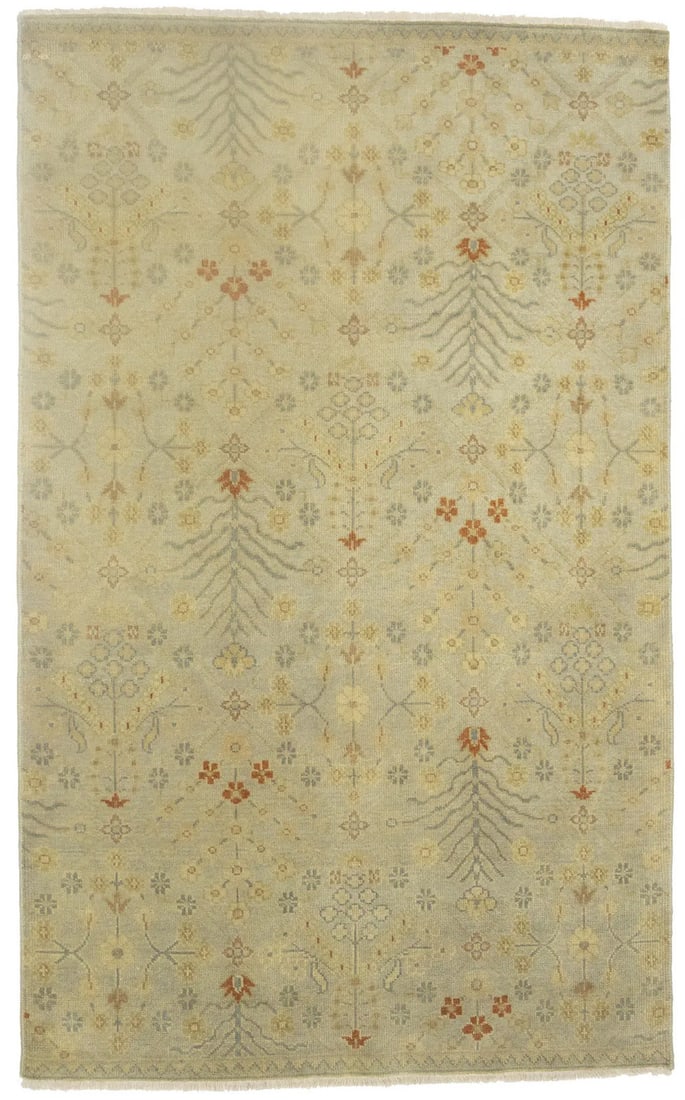 Handmade Oushak Turkish Oriental Rug Floral Style Carpet 5X8 Ft Hand-Knotted: Handmade Oushak Turkish Oriental Rug Floral Style Carpet 5X8 Ft Hand-Knotted Hand-knotted in wool, this beautiful 5x8 ft Oushak Turkish Oriental Rug features a stunning floral design in muted colors. 