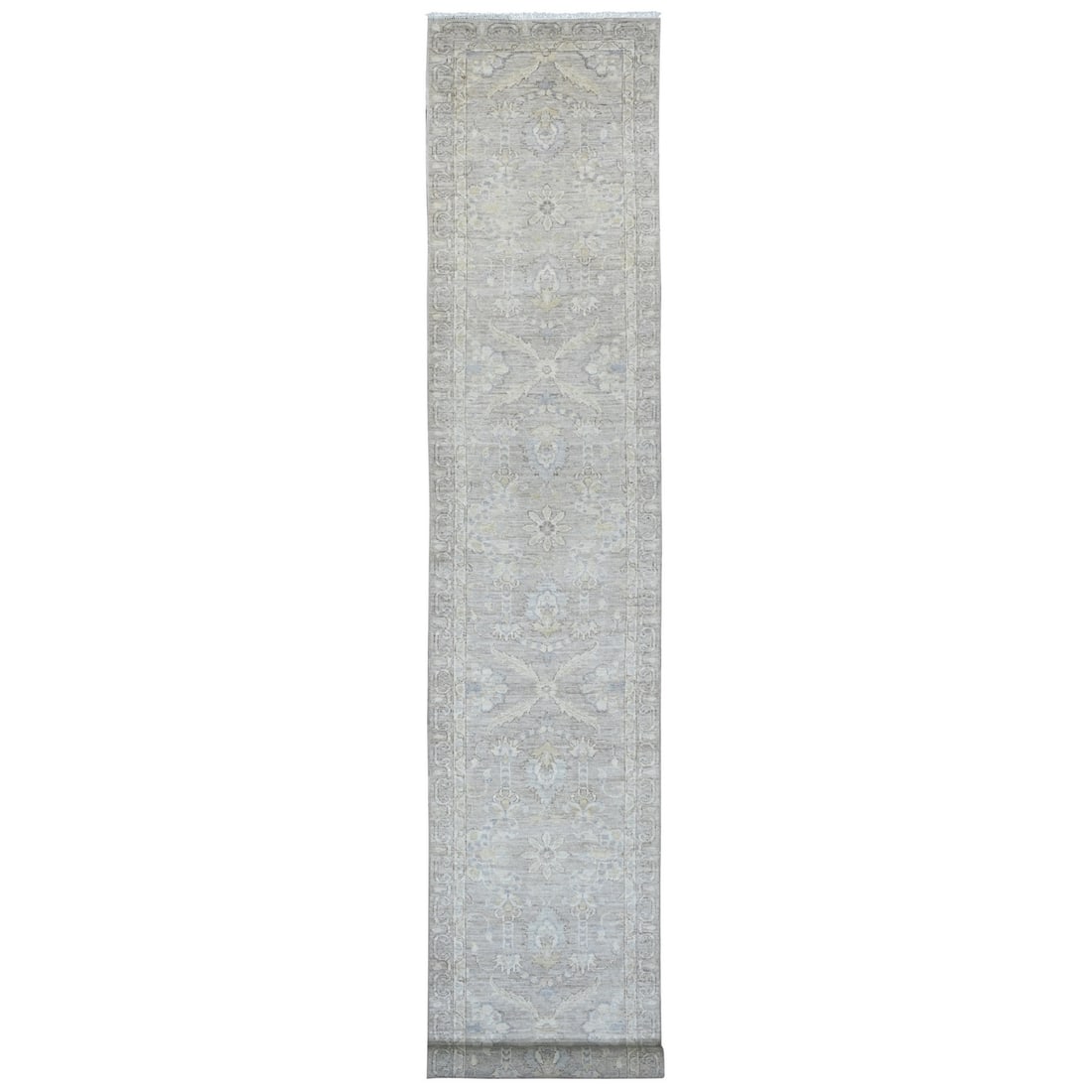 2'8"x16'1" Gray Washed Peshawar Leaf Design Hand Knotted Wool Runner Rug: 2'8"x16'1" Gray Washed Peshawar Leaf Design Hand Knotted Wool Runner Rug The Peshawar Leaf Design Hand Knotted Wool Runner Rug boasts an elegant gray washed hue, characteristic of the traditional Afgh