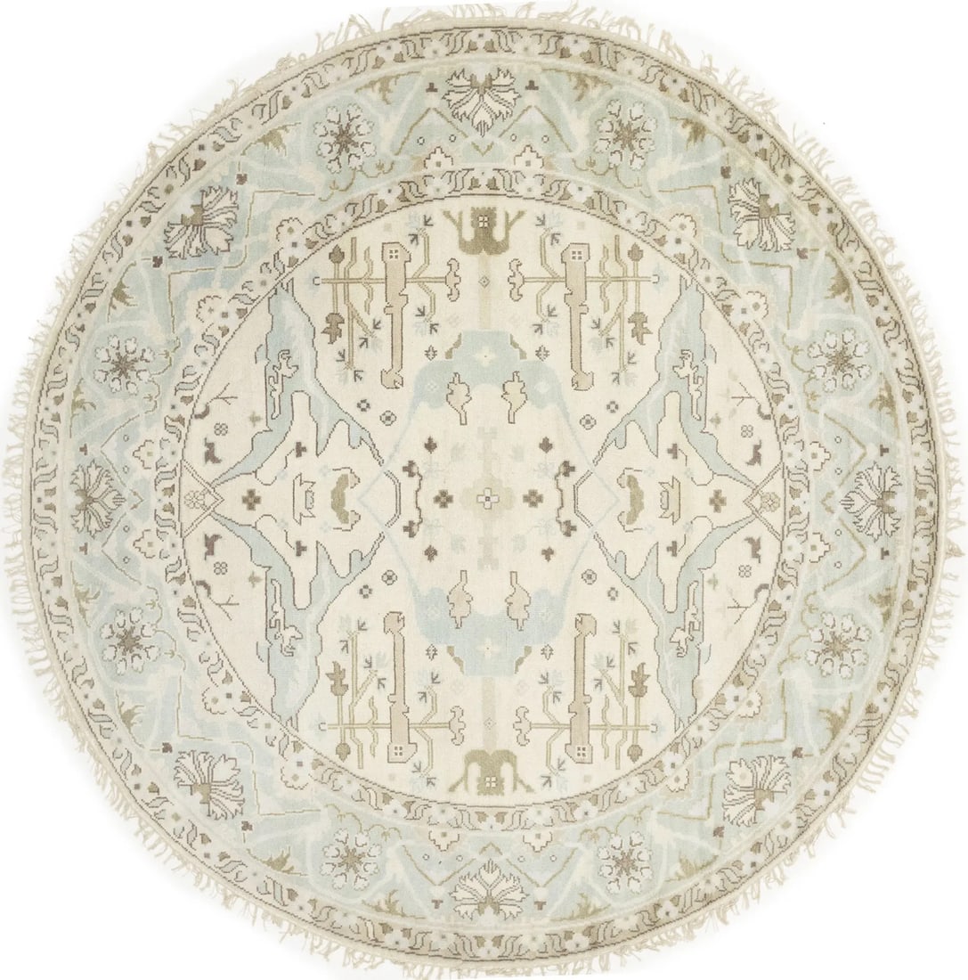 9X9 Hand-Knotted Cream Round Oushak Oriental Rug Floral Dining Room Carpet Hand-Knotted: 9X9 Hand-Knotted Cream Round Oushak Oriental Rug Floral Dining Room Carpet Hand-Knotted This stunning 9x9 hand-knotted cream round Oushak Oriental rug boasts a beautiful floral pattern in muted colors