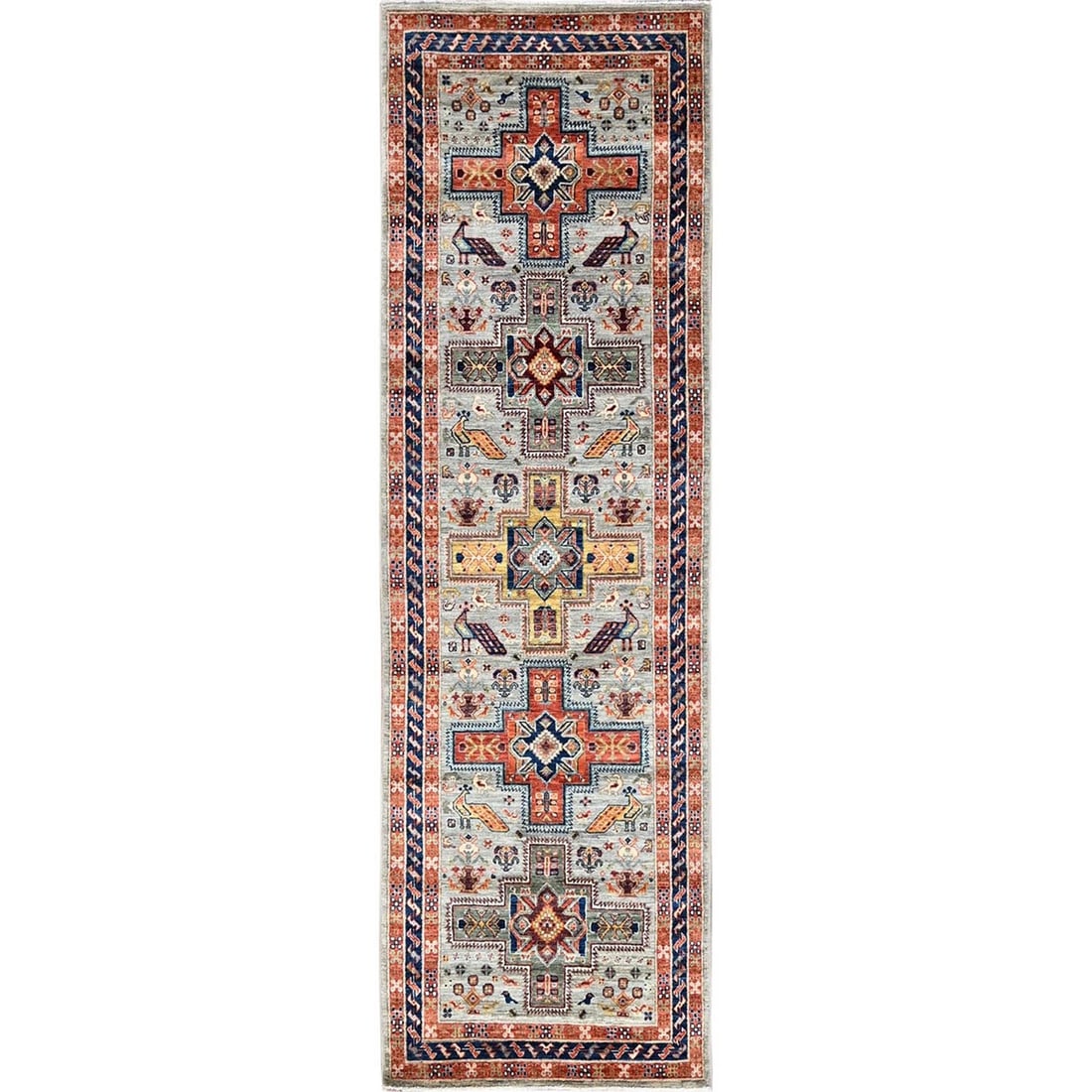 2'9"x8' Misty Gray Caucasian Design Soft Wool Hand Knotted Runner Rug: 2'9"x8' Misty Gray Caucasian Design Soft Wool Hand Knotted Runner Rug Soft and elegant, this 2'9"x8' Misty Gray Caucasian Design Soft Wool Hand Knotted Runner Rug boasts a stunning geometric pattern i
