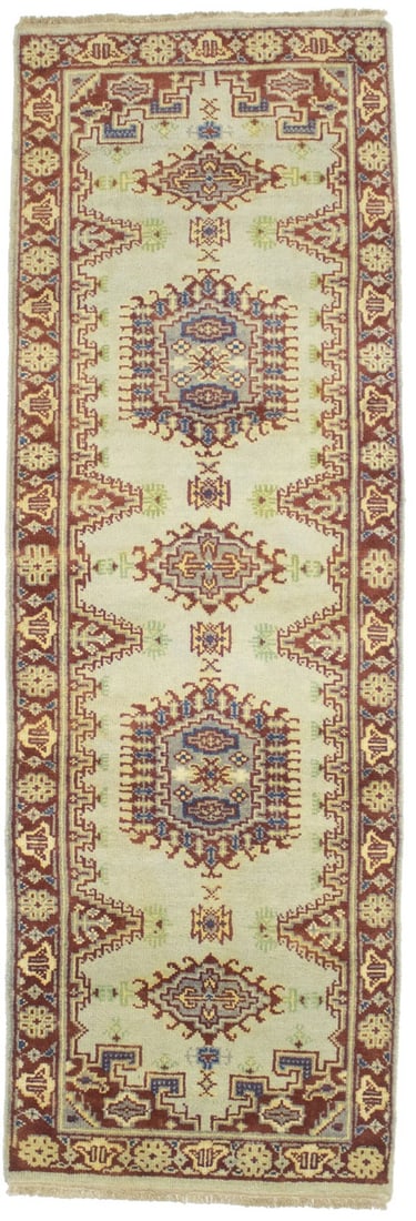 2'8 X 7'11 Indo-Viss Oriental Runner Rug Geometric Design Carpet 3X8 Ft Hand-Knotted: 2'8 X 7'11 Indo-Viss Oriental Runner Rug Geometric Design Carpet 3X8 Ft Hand-Knotted Hand-knotted in wool, this 2'8 X 7'11 Indo-Viss Oriental Runner rug boasts a stunning geometric design in a palette