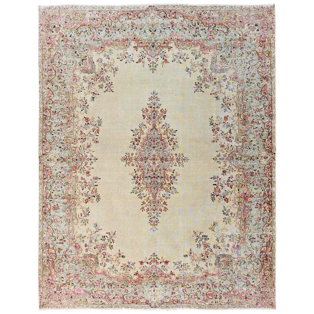 7'10"x10' Ivory Vintage Zoroastrian Karman Hand Knotted Pure Wool Rug: 7'10"x10' Ivory Vintage Zoroastrian Karman Hand Knotted Pure Wool Rug This stunning 7'10"x10' Ivory Vintage Zoroastrian Karman Hand Knotted Pure Wool Rug boasts an exquisite medallion pattern and a ri