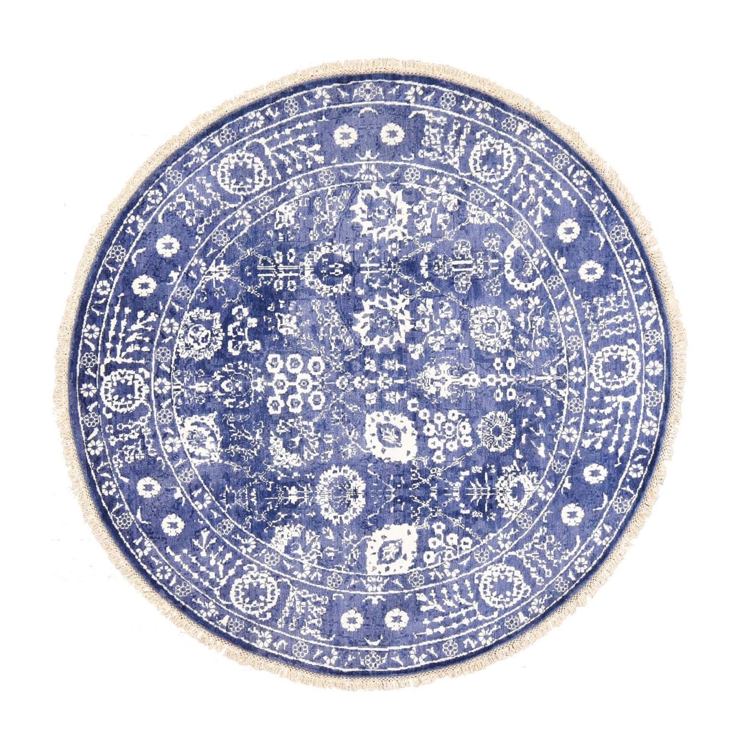 6'2"x6'2" Blue Tone On Tone Tebraz Design Wool and Silk Hand Knotted Round: 6'2"x6'2" Blue Tone On Tone Tebraz Design Wool and Silk Hand Knotted Round This stunning 6'2"x6'2" Tebraz design wool and silk hand-knotted round rug boasts an all-over blue tone on tone pattern, crea