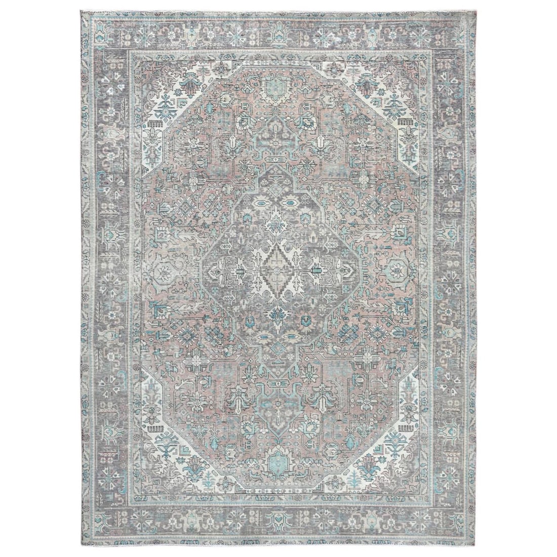 Old Farsian Hand Knotted Wool Peach Distressed Look 8'x10'8: Old Farsian Hand Knotted Wool Peach Distressed Look 8'x10'8 The Farsian hand knotted wool peach distressed look rug boasts an authentic, vintage charm with its rectangular field and intricate regional