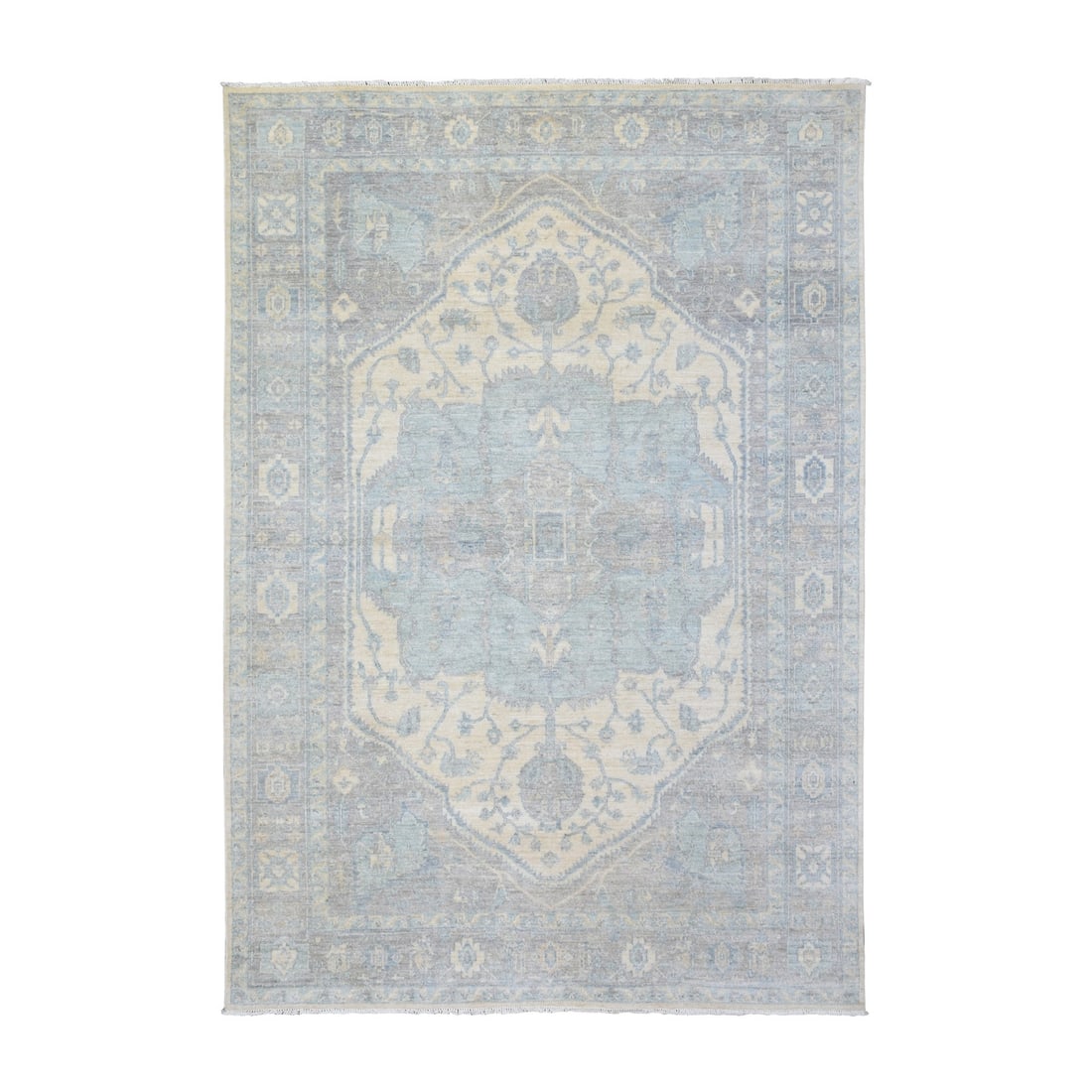 6'2"x8'9" Ivory White Wash Peshawar Organic Wool Hand Knotted Rug: 6'2"x8'9" Ivory White Wash Peshawar Organic Wool Hand Knotted Rug 6'2"x8'9" Ivory White Wash Peshawar Organic Wool Hand Knotted Rug, crafted from 100% wool and boasting an ivory white wash finish. Thi