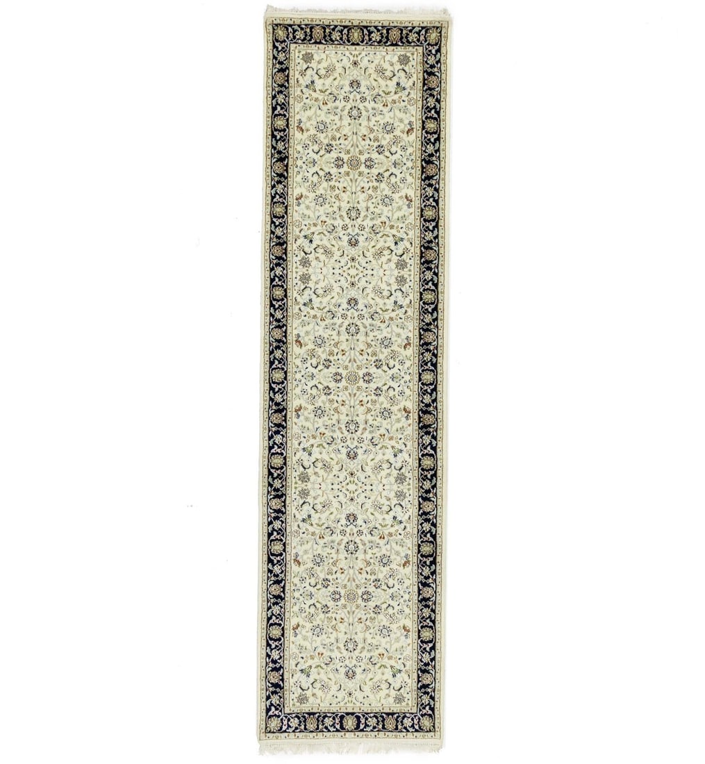 2'8 X 10'4 Hand-Knotted Indo-Nain Runner Cream Floral Wool Rug Carpet 3X10 Ft Hand-Knotted: 2'8 X 10'4 Hand-Knotted Indo-Nain Runner Cream Floral Wool Rug Carpet 3X10 Ft Hand-Knotted Hand-Knotted Indo-Nain Runner in Cream and Dark Navy Beige, featuring a beautiful floral pattern. Made from h