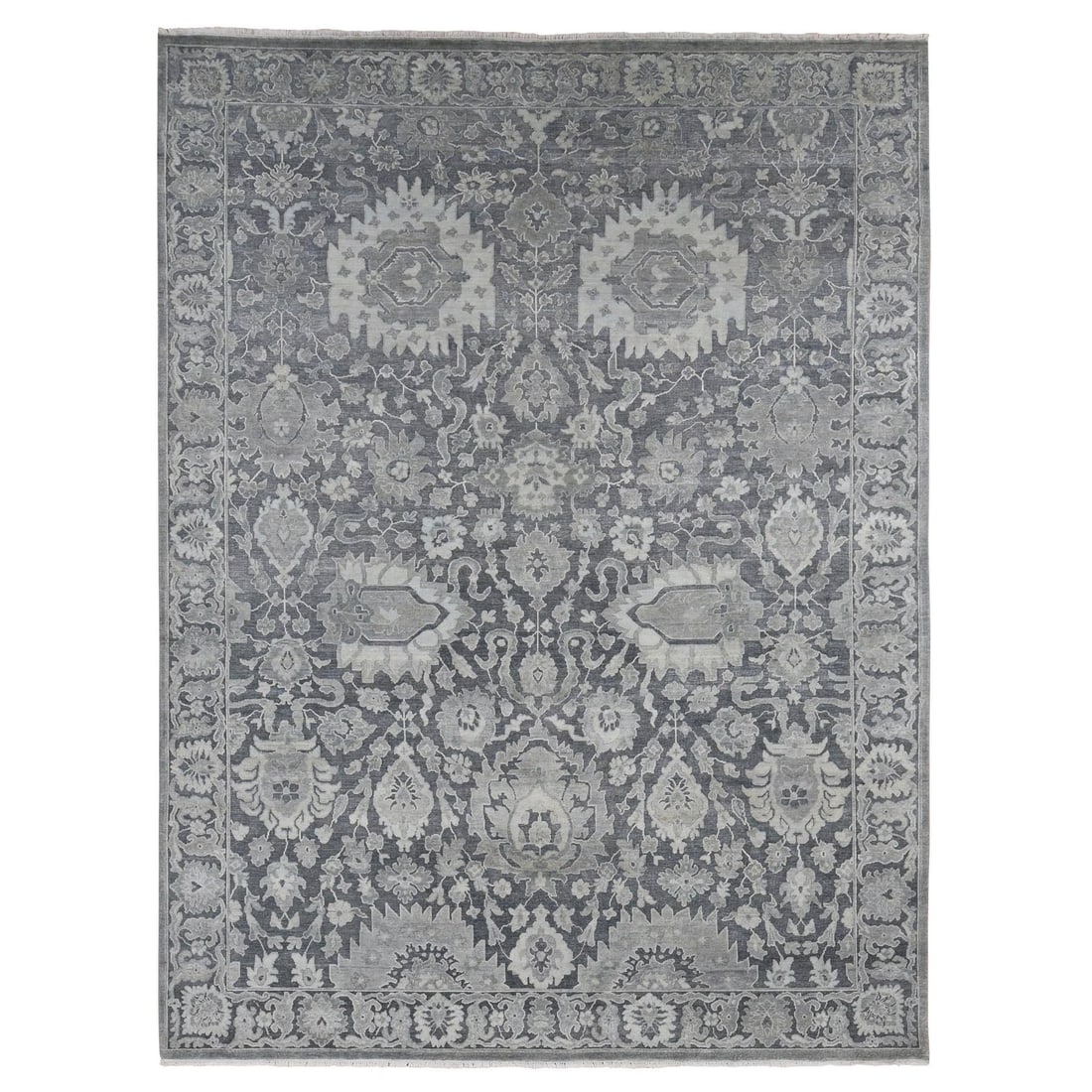 9'x11'10" Gray Hand Knotted Oushak Influence Silk with Textured Wool Rug: 9'x11'10" Gray Hand Knotted Oushak Influence Silk with Textured Wool Rug The 9'x11'10" Gray Hand Knotted Oushak Influence Silk with Textured Wool Rug boasts a stunning rectangular field in a rich, ars