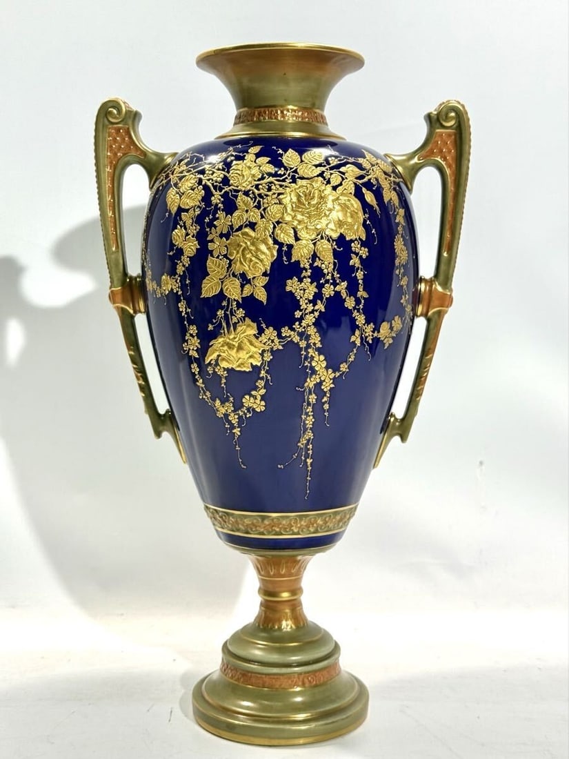 Rare Royal Worcester Cobalt Gilt Vase Flower Urn Ear Moriage Antique 1896 (1 of 10)