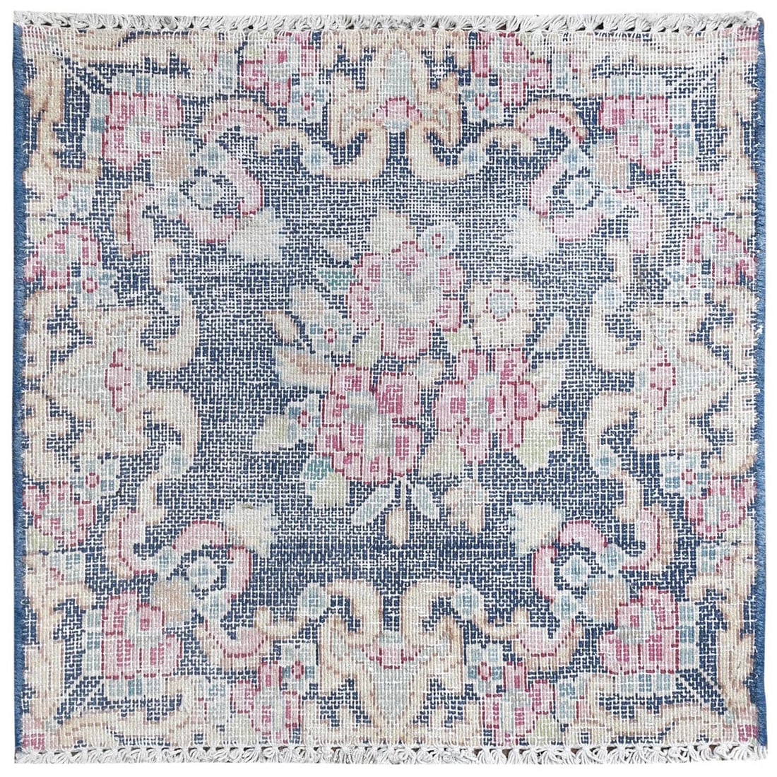 1'7"x1'7" Blue Old Farsian Karman Worn Wool Hand Knotted Square Rug (1 of 7)