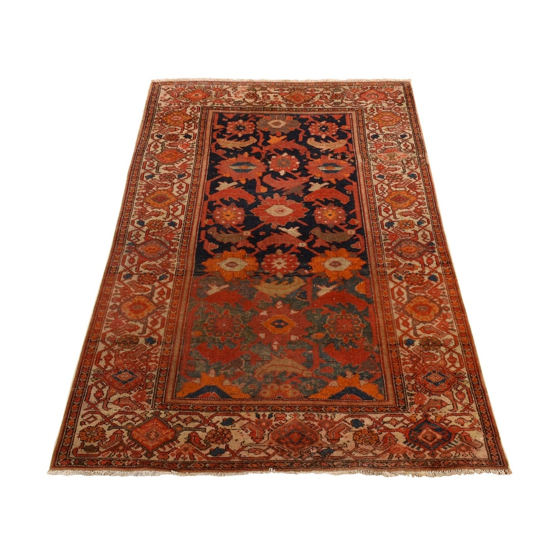 4'x6'2" Blue Antique North West Zoroastrian Clean Wool Hand Knotted Rug: 4'x6'2" Blue Antique North West Zoroastrian Clean Wool Hand Knotted Rug Hand-knotted in blue wool, this stunning 4'x6'2" Zoroastrian rug boasts an intricate rectangular field design with a rich orange