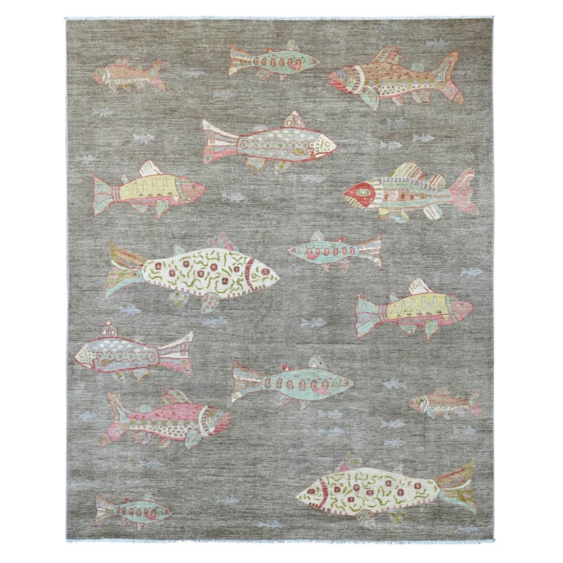 7'9"x9'7" Stone Gray Peshawar with Fish Design Soft Wool Hand Knotted Rug: 7'9"x9'7" Stone Gray Peshawar with Fish Design Soft Wool Hand Knotted Rug Soft wool hand-knotted in a traditional Peshawar style, this stone gray rug features an intricate fish design. Measuring 7'9" 